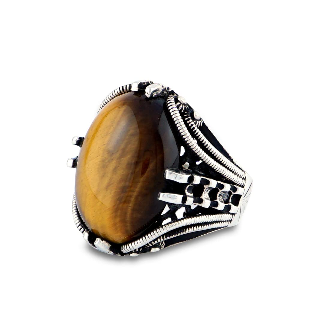 Sterling Silver Blue Tiger Eye Ring for Men - Handmade Cabochon Amber Jewelry - Elegant & Stylish Gift for Him - Perfect for Weddings, Anniversaries & Special Occasions