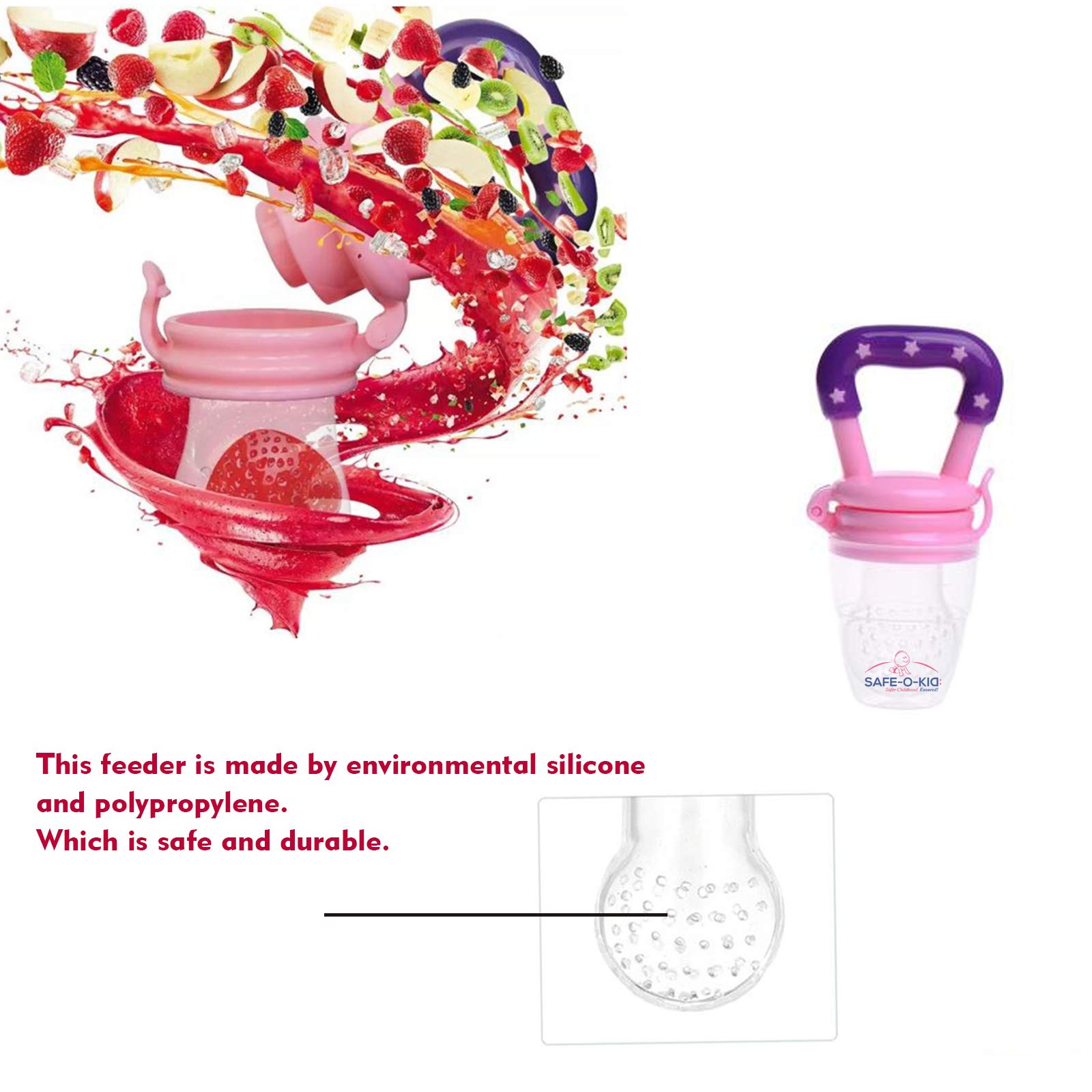 Safe-O-Kid® BPA-Free Baby Food Feeder - Non-Toxic Silicone Feeder for Fresh Fruits, Vegetables & Snacks - Perfect for Babies & Toddlers (Pink) - Great for Teething Relief & Introducing Solid Foods