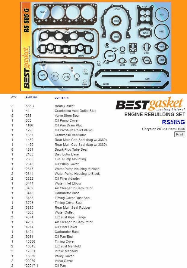 Chrysler 354 HEMI V8 1956 Complete Engine Gasket Set Kit - Best Head, Intake & Exhaust Gaskets for Classic Car Restoration & Performance Upgrades