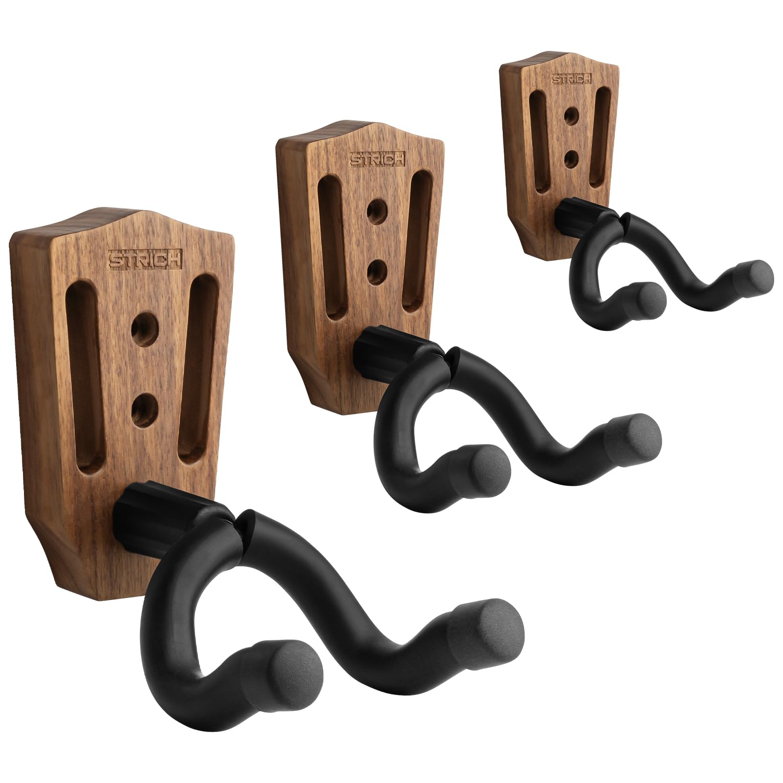 Premium STRICH Guitar Wall Mount Hanger - Walnut Base U-Shaped Hook Stand with Screws (3-Pack) - Secure Holder for Acoustic, Electric, Classical Guitars, Bass & Banjo - Perfect for Home Studios, Music Rooms & Stage Setup