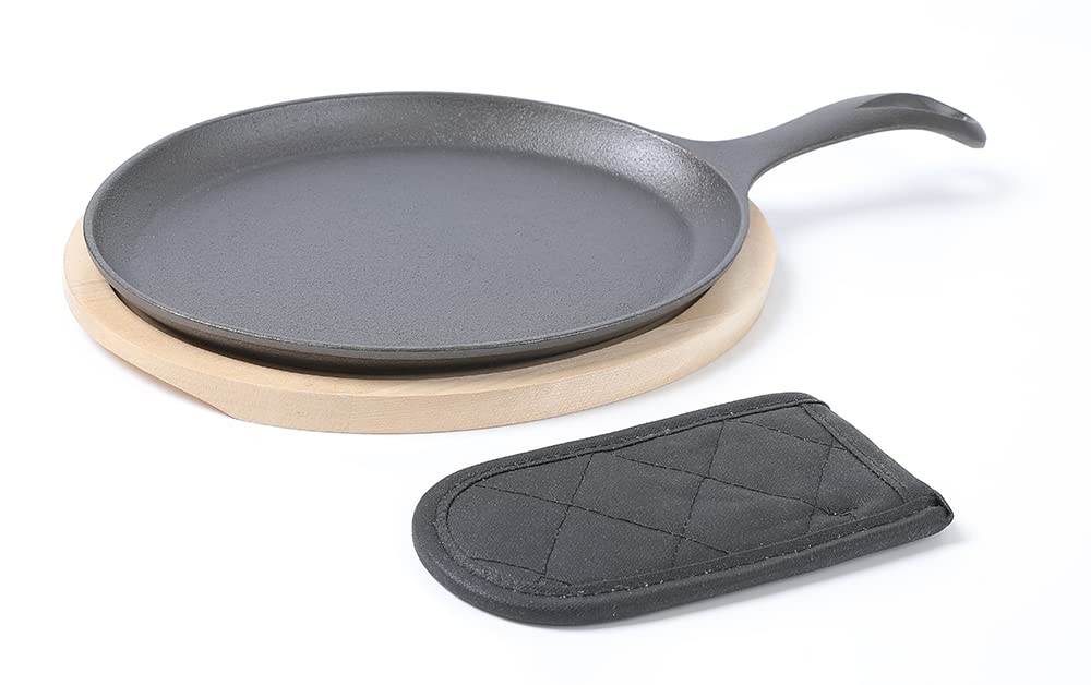 HAWOK Pre-Seasoned Cast Iron Fajita Plate Sizzler Pan Set with Wooden Tray & Handle Holder - 12 Inch Skillet with Wooden Base & Cover - Perfect for Sizzling Fajitas, Steaks & Sizzling Platter Dishes at Home or Restaurant