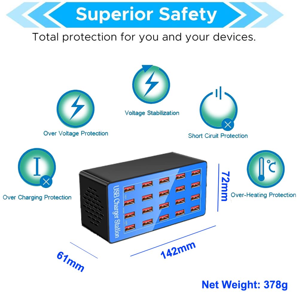 20-Port 100W USB Charging Station - MaxLax Multi-Port Fast Charger for iPhone, Android, iPad, Tablets & Smartphones - Perfect for Home, Office & Travel Use