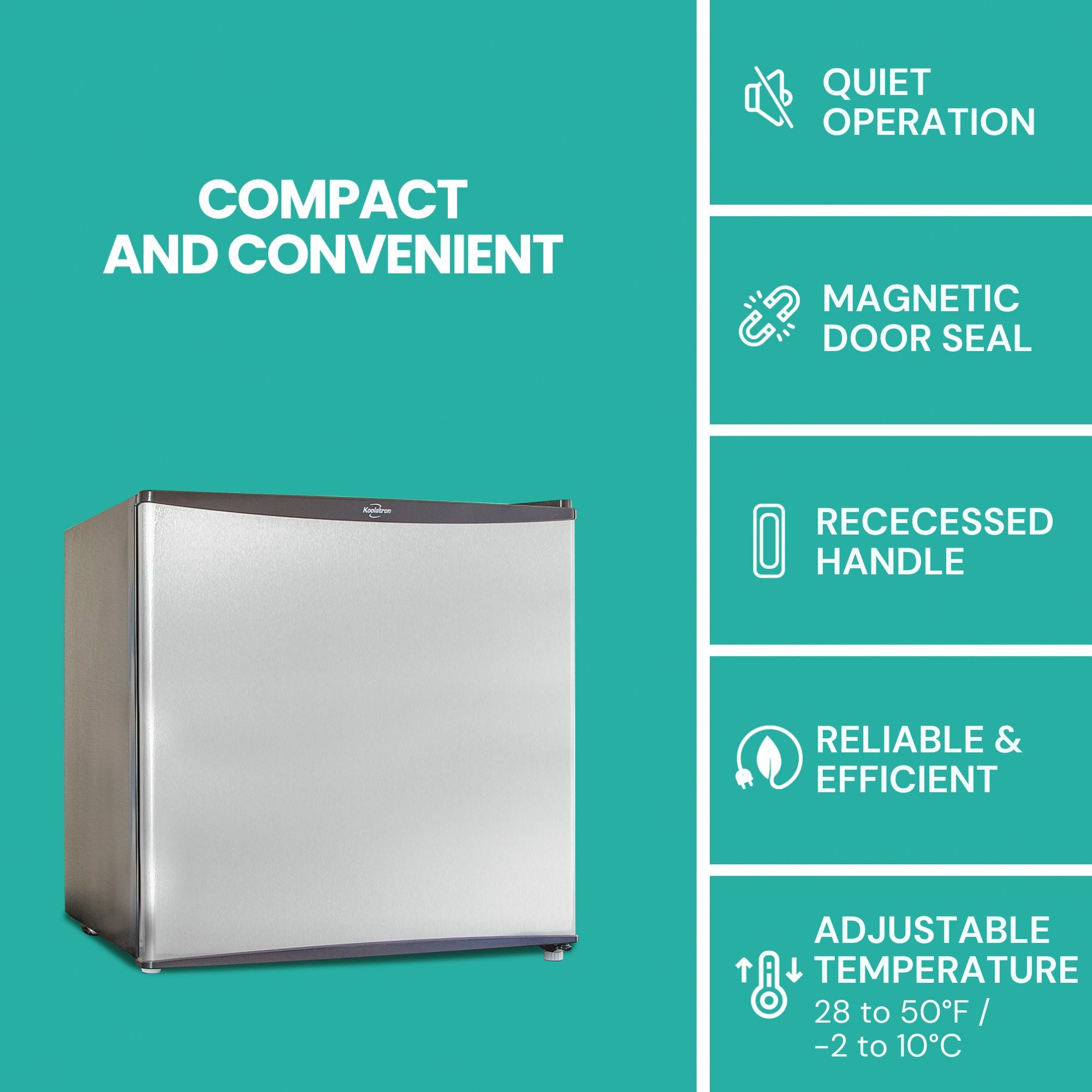 Koolatron 1.6 cu ft Stainless Steel Compact Refrigerator with Freezer - 44L Capacity, Silver & Black Design, Reversible Door | Perfect for Dorm, Office, Home Bar, RV, Garage | Keep Beverages, Snacks, Frozen Meals & Beer Fresh Anywhere