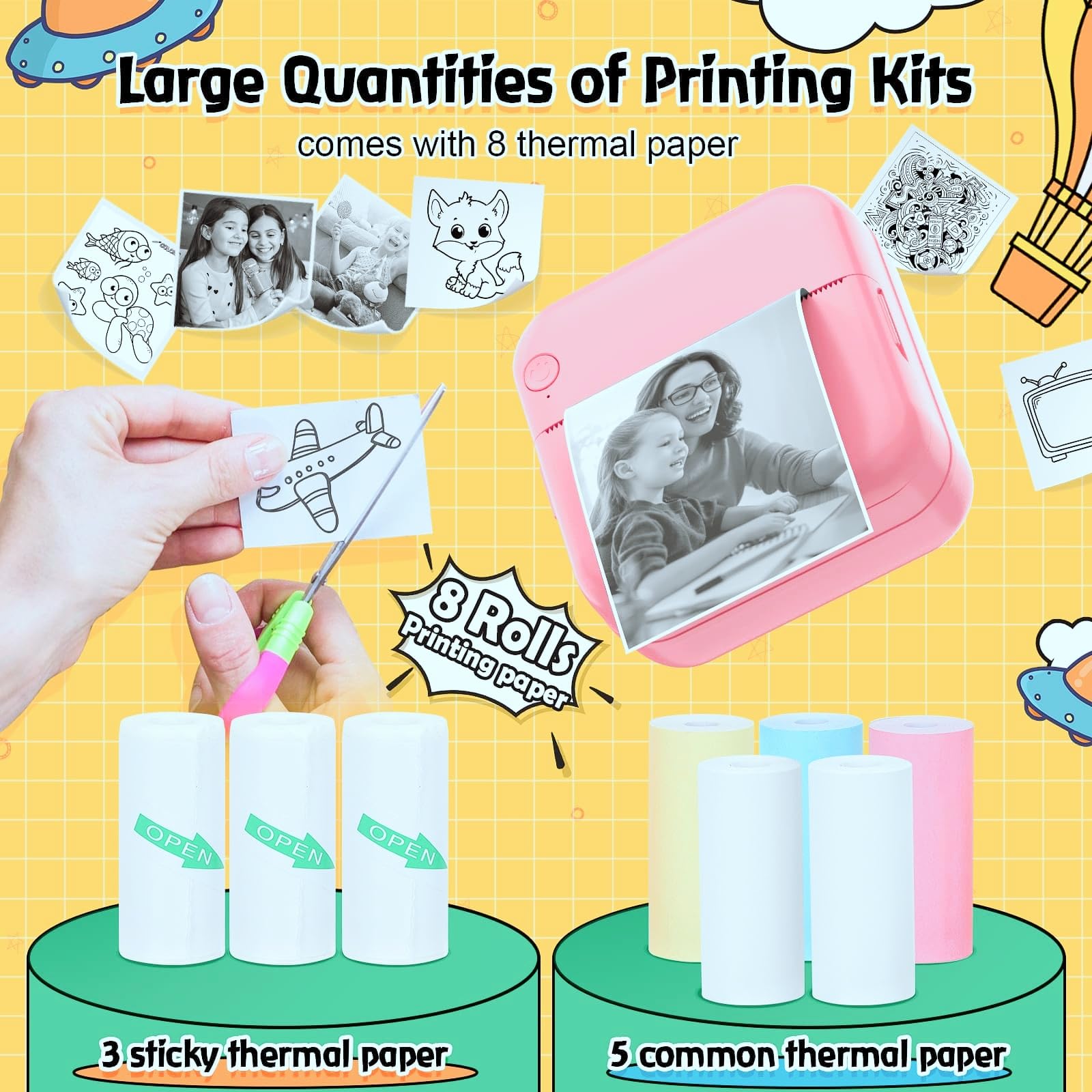 Inkless Sticker Printer for iPhone Android Tablet - Bluetooth Mini Pocket Printer with 8 Rolls Thermal Paper, Portable Printer for School Notes Journal Memo Photos - Perfect for DIY Crafts, Scrapbooking & Home Organization (Pink)