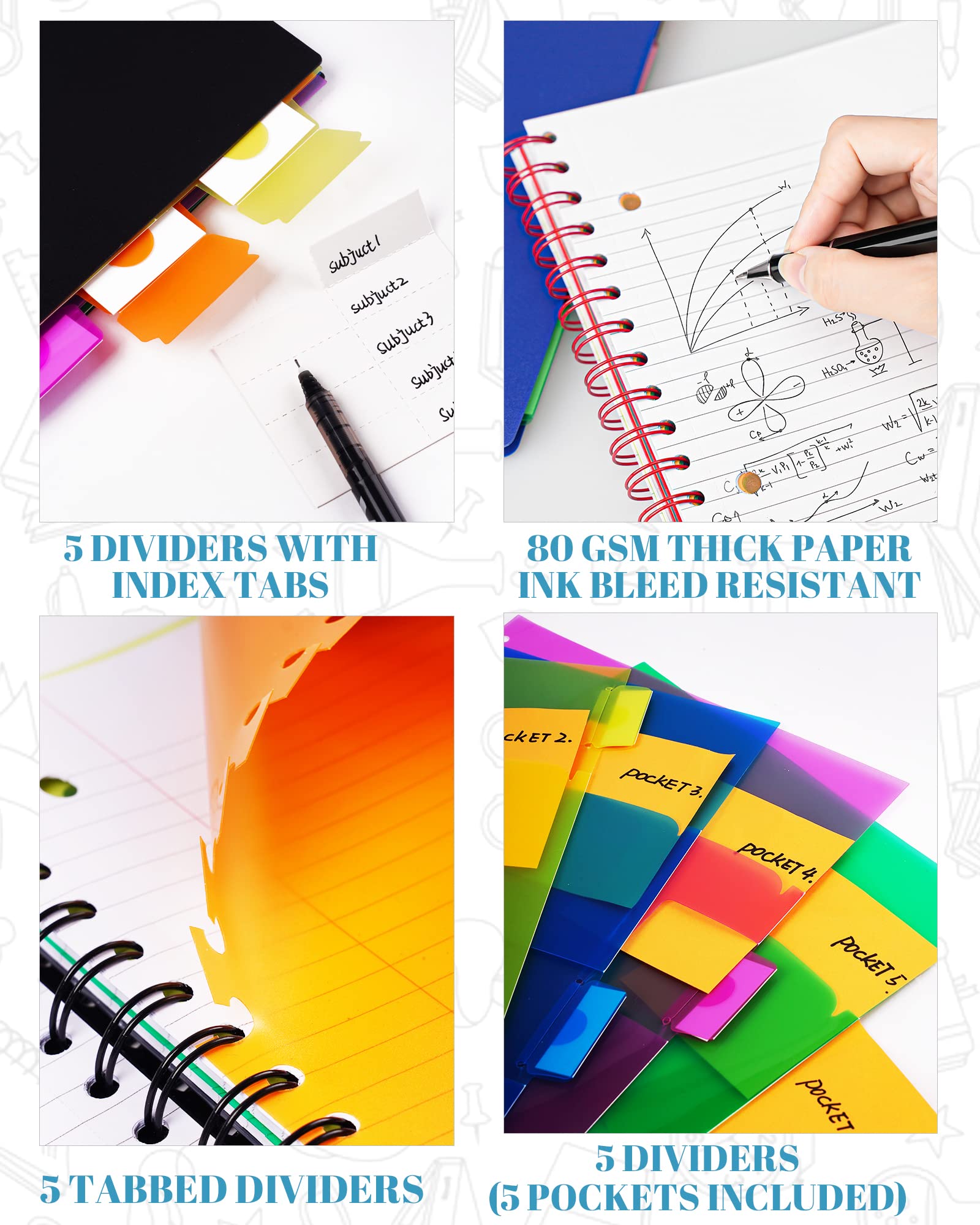 Premium 2-Pack 5-Subject Spiral Notebooks - College Ruled with Dividers, Pockets & Labeled Tabs, Includes 11
