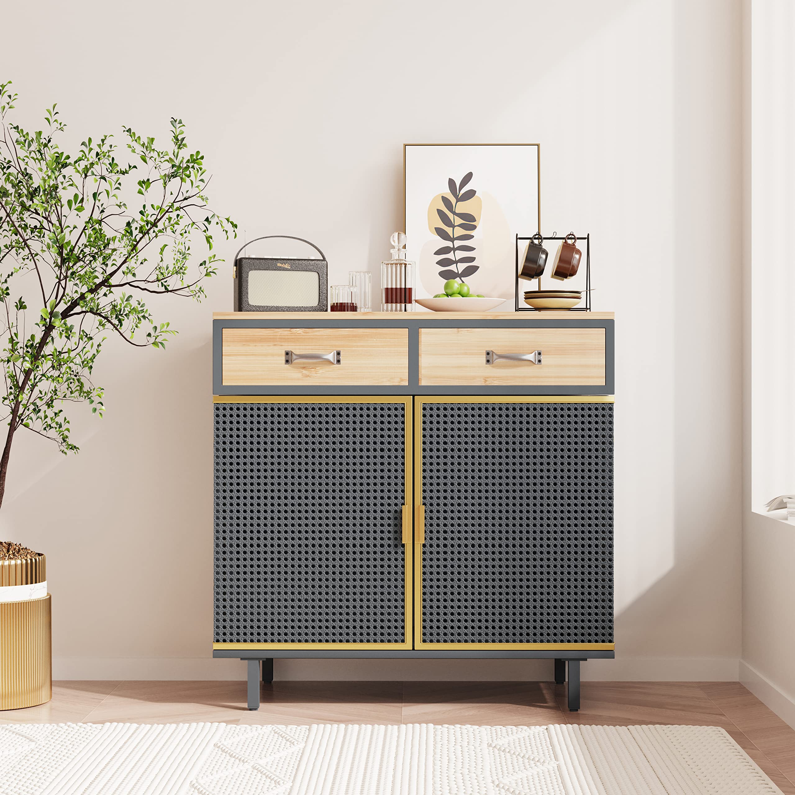 Modern Buffet Sideboard Cabinet with 2 Doors & 2 Drawers - Farmhouse Style Freestanding Storage Cabinet for Dining Room, Living Room, Office or Bedroom - Perfect for Organizing Dishes, Linens & Home Decor