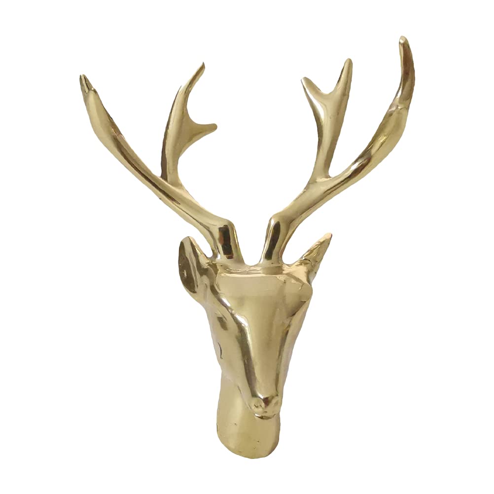 VICASKY Lucky Deer Head Decor - Antler Brass Wall Art for Living Room, Bookshelf, Office - Yellow Home Decoration for Farmhouse, Rustic & Modern Interior Design