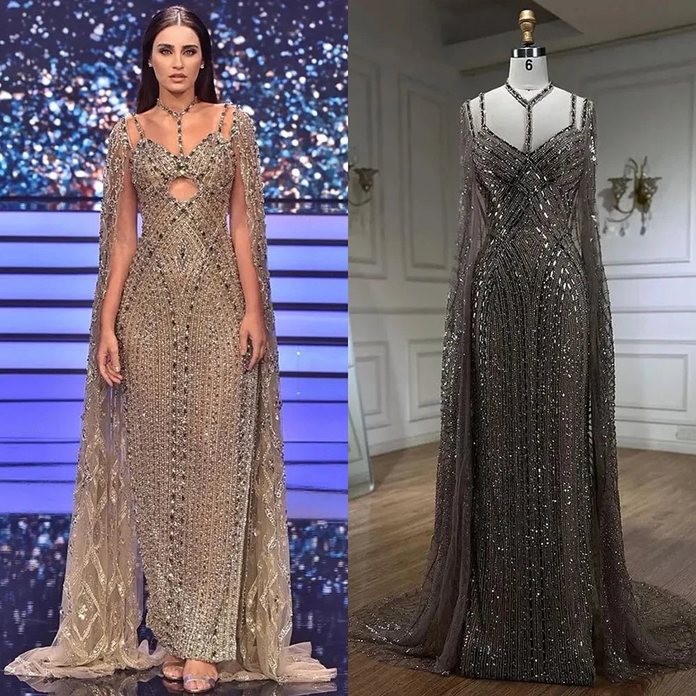 Luxury Beaded Mermaid Evening Dress with Caramel Cape Sleeves - Elegant Women's Party Gown for Prom, Wedding & Formal Events - Serene Hill Collection LA72053