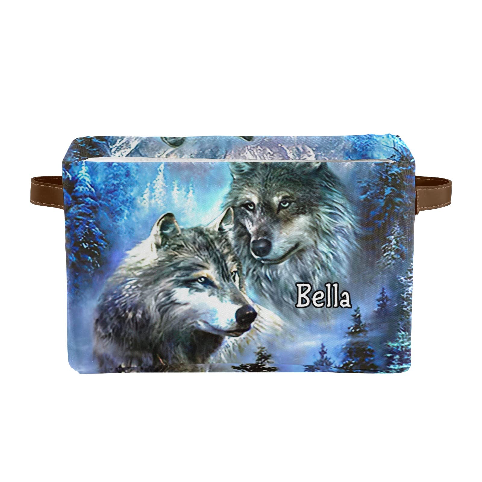Personalized Wolves Forest Canvas Storage Bins with Name Text & Leather Handles - 2 Pack Organizer Baskets for Office, Bathroom, Nursery, Closet & Shelf Storage - Perfect for Home Organization & Gift Giving