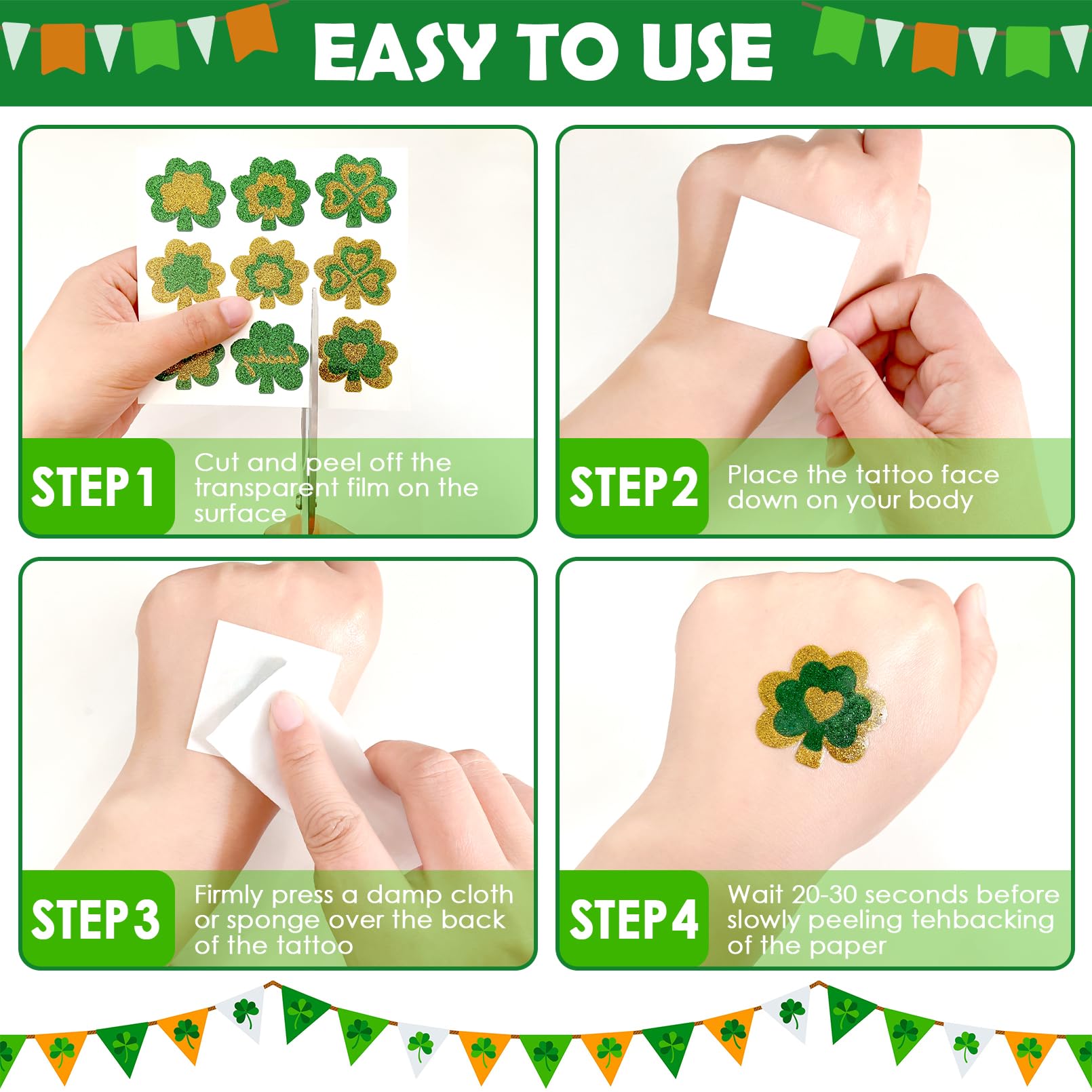 St. Patrick's Day Glitter Tattoos - 24 Pack Shamrock Face Tattoo Stickers for Kids & Adults | Green Lucky Clover Temporary Tattoos | Irish Party Decorations, Makeup & Festival Favors - Perfect for St. Paddy's Day Parties, Parades & Celtic Celebrations