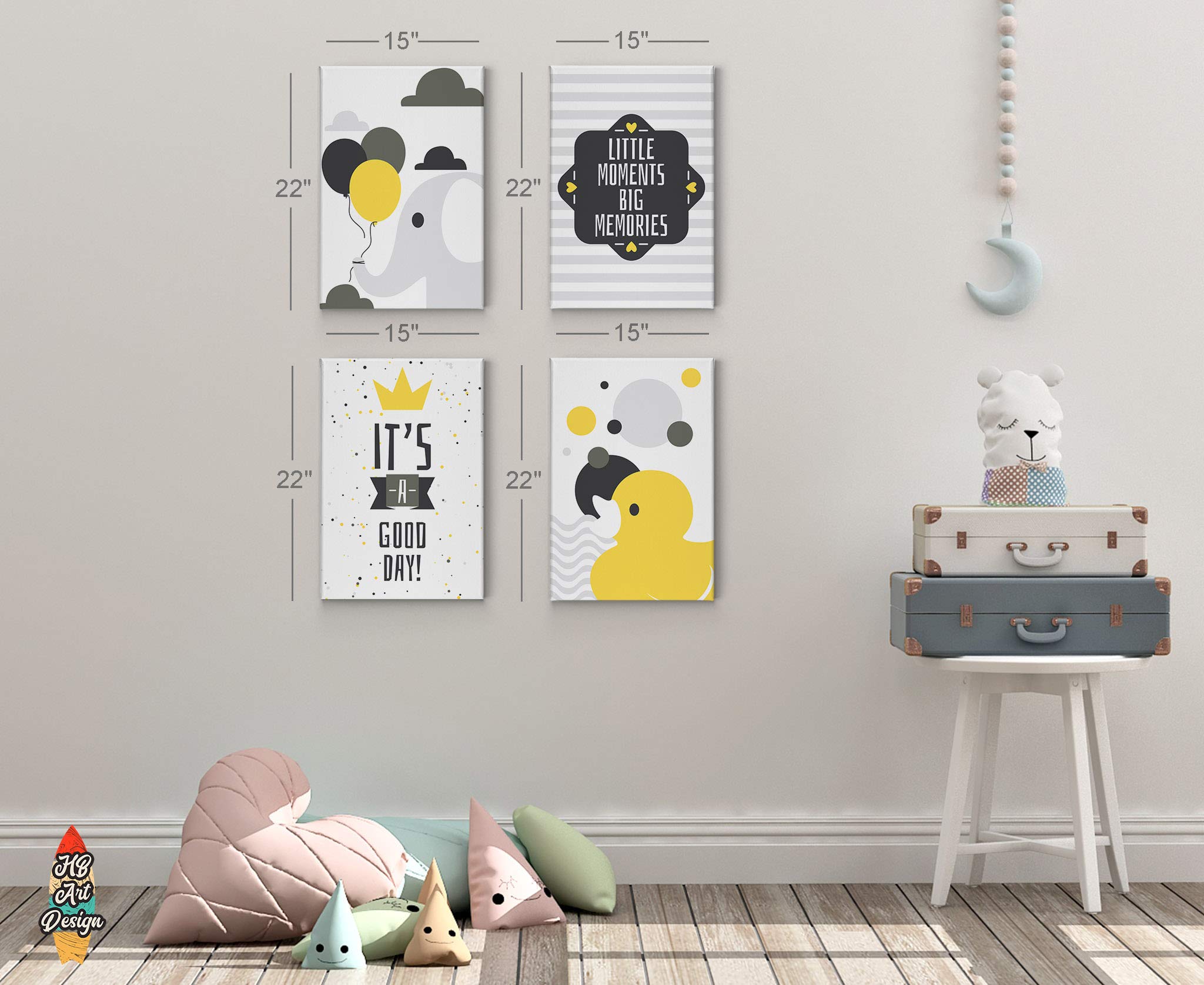 HB Art Design Elephant & Chick Motivational Wall Art - 4 Panel Canvas Print Set for Nursery, Baby Girl & Boy Room, Kids Room & Home Decor - 100% Handmade in USA (40x30 inches x4) - Perfect for Nursery Themes, Birthday Gifts & Wall Decoration