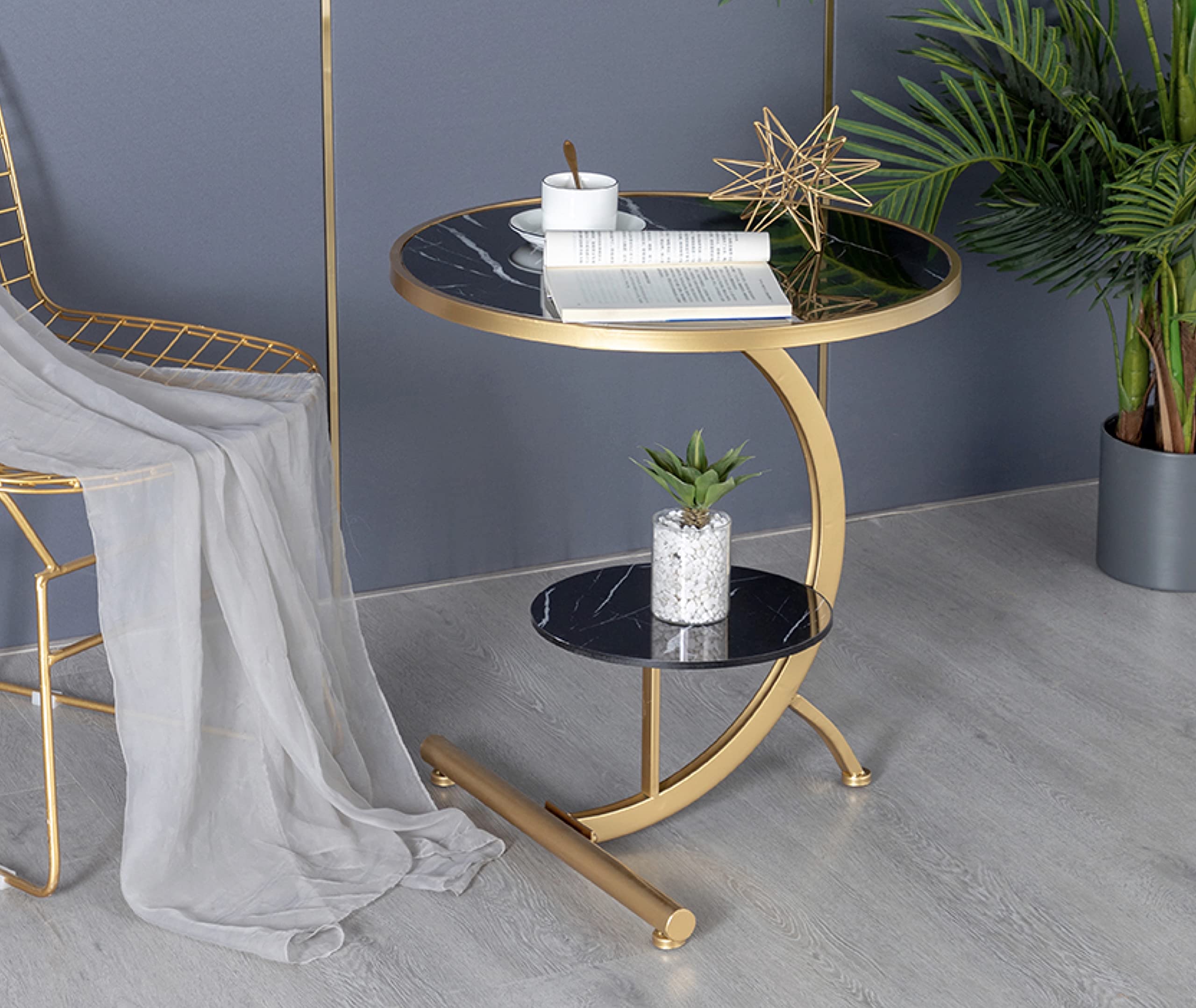 Round Coffee Table with Storage Shelf - Marble Look Side Table for Living Room, Bedroom & Outdoor Use | Multi-Functional End Table, Nightstand & Snack Table | Durable Indoor/Outdoor Furniture for Home Decor