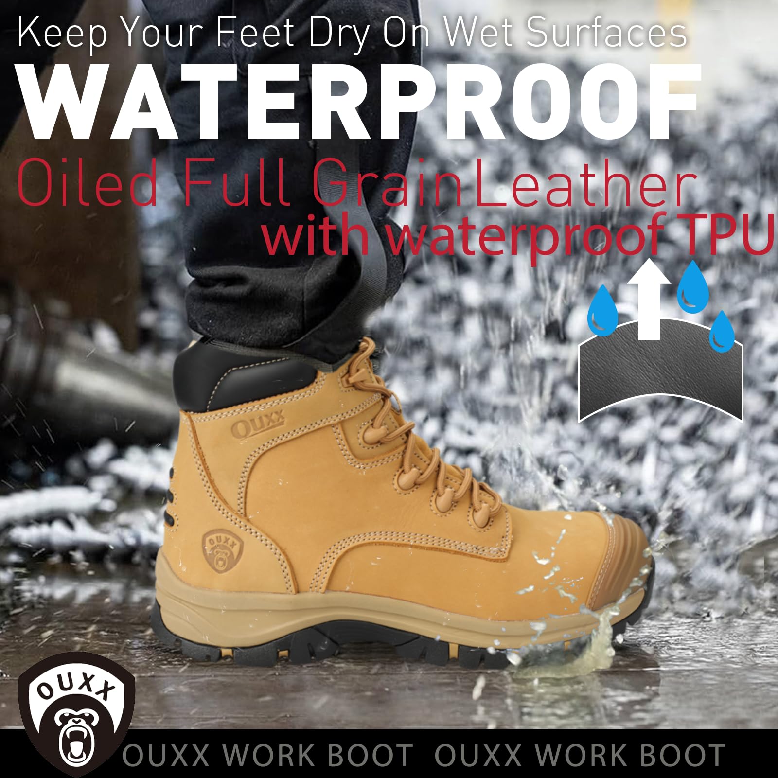 OUXX Men's Steel Toe Work Boots with Side Zipper - Waterproof, Slip & Puncture Resistant Safety Shoes (OX2720) - Ideal for Construction, Warehouse & Outdoor Work