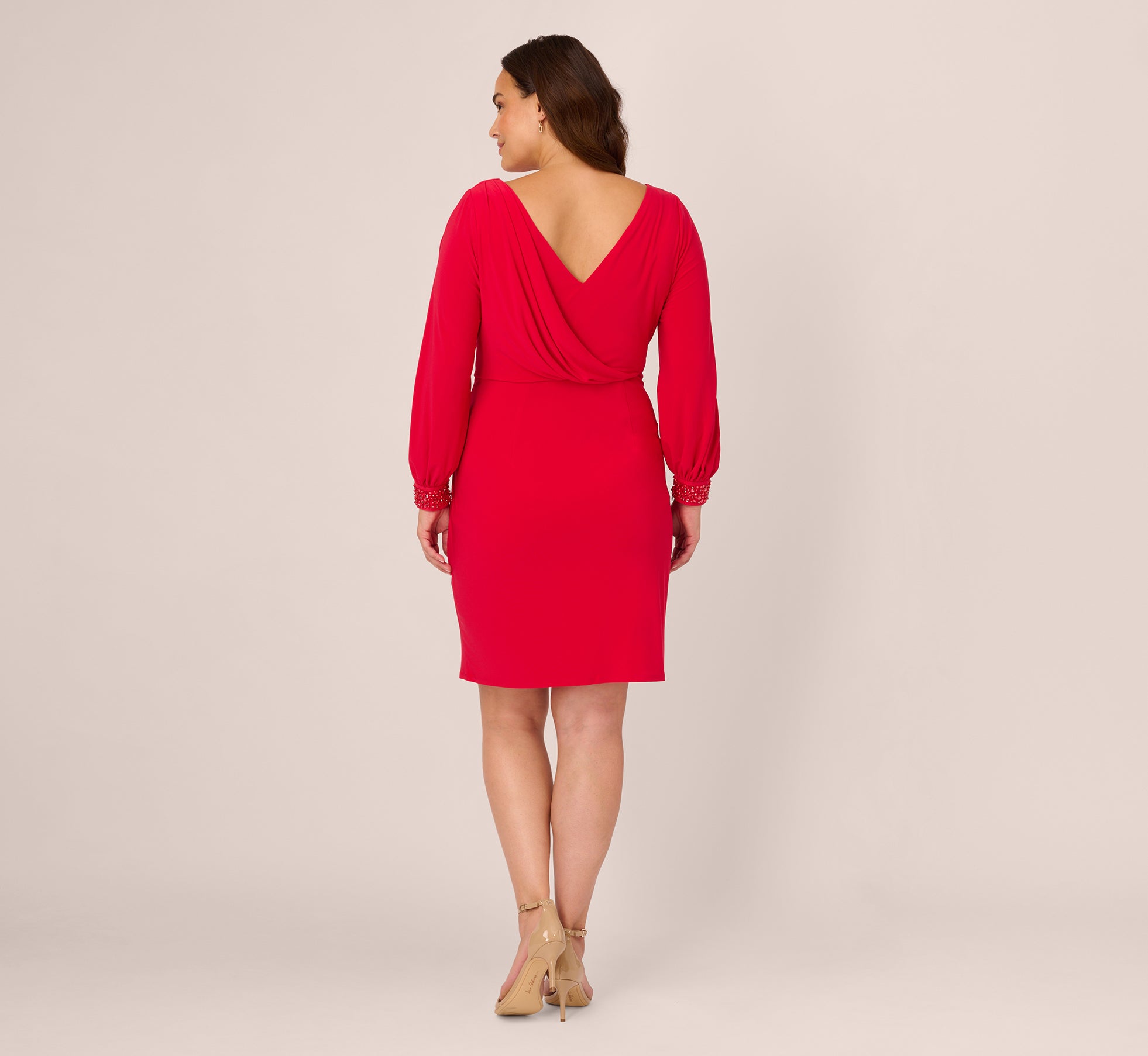 Plus Size Long Sleeve Draped Jersey Dress with Beaded Cuffs in Hot Ruby - Elegant Women's Formal Wear for Parties, Weddings & Special Occasions