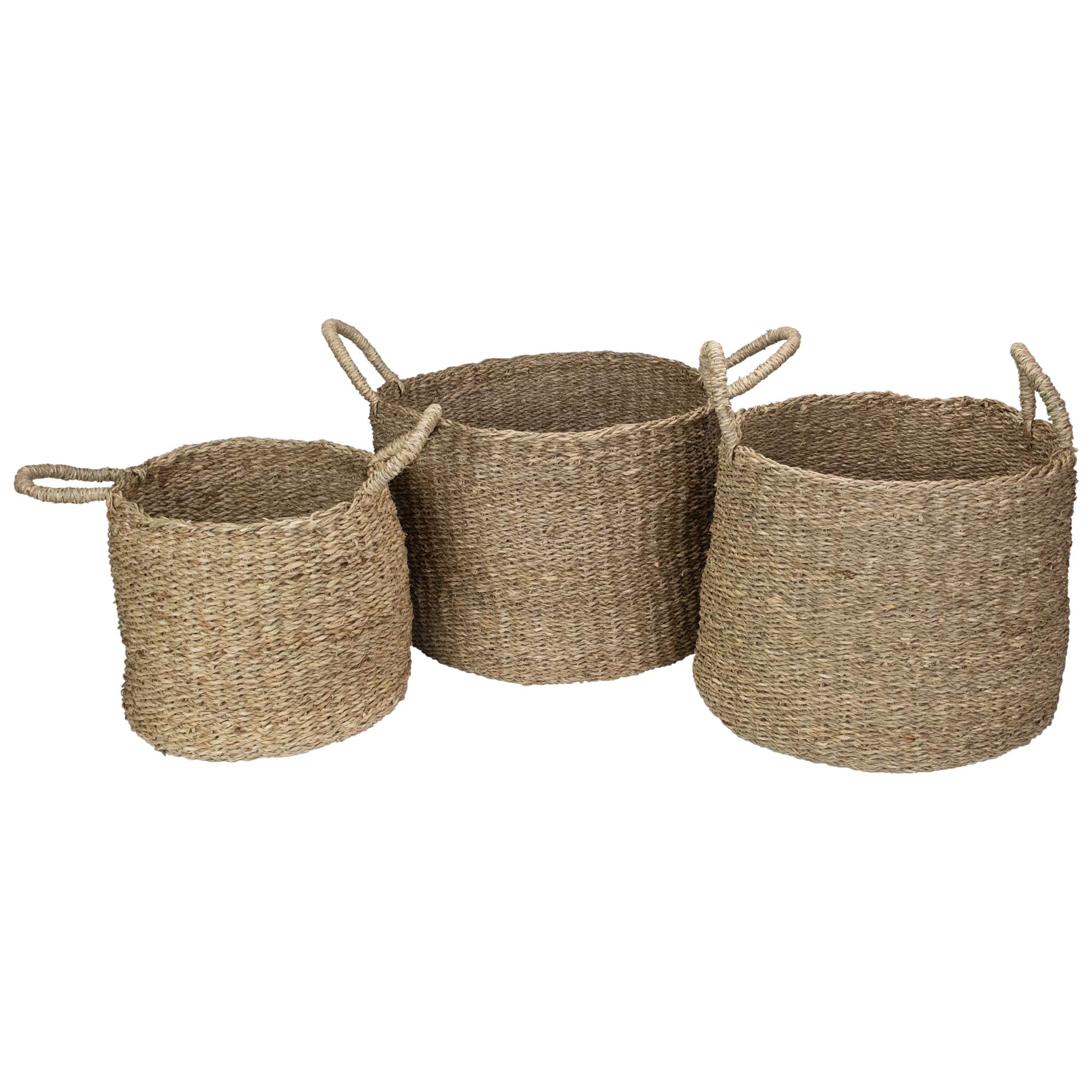 Northlight Beige Round Seagrass Table and Floor Baskets - Set of 3, Natural Woven Storage Baskets for Home Organization, Living Room, Bedroom & Bathroom Decor