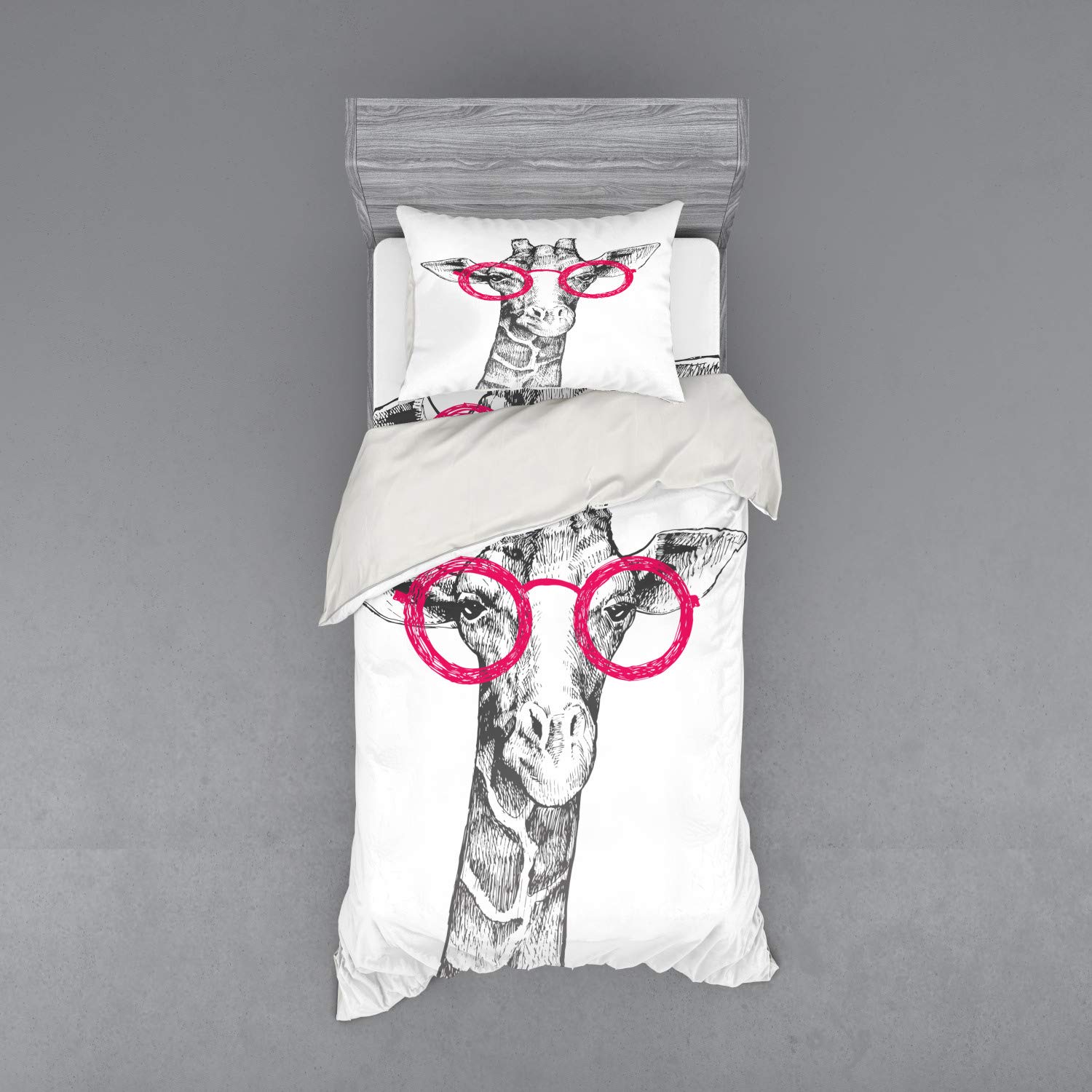 Ambesonne Funny Duvet Cover Set - Hipster Animal Retro Fashion Round Glasses Summer Love Hand-Drawn Style, 3-Piece Bedding Set with Sham & Fitted Sheet, Twin Size, White & Pink - Perfect for Teen Bedrooms, Dorm Decor & Unique Gift Ideas