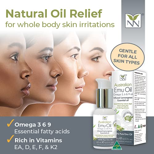 100% Pure Pharmaceutical Grade Emu Oil with Lemongrass Essential Oil - 60ml Bottle for Skin Care, Hair Growth & Pain Relief - Natural Moisturizer for Dry Skin, Eczema & Joint Pain
