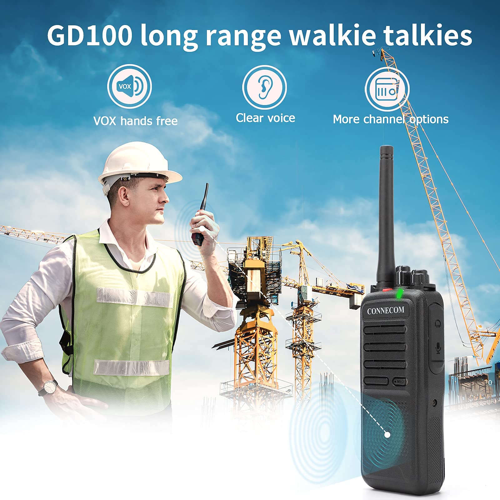 CONNECOM GD100 4-Pack Rechargeable 4W High Power Walkie Talkies - Digital & Analog Two Way Radios for Business, Construction, Warehouse, Industrial & Marine Use - Long Range Communication for Teams, Security & Emergency Scenarios