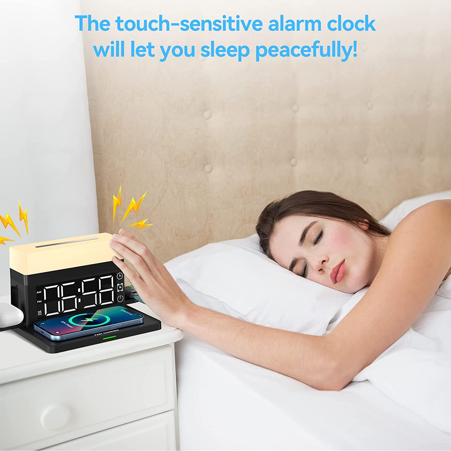 3-in-1 Wireless Charging Station with Alarm Clock & Night Light - 18W Fast Wireless Charger for iPhone 14/13/12/11/XS/8, Samsung Galaxy, AirPods & Apple Watch (Includes Adapter, White) - Perfect for Bedside, Office & Travel Charging