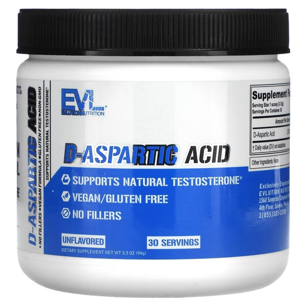EVLution Nutrition D-Aspartic Acid 94g Powder - Boost Testosterone & Muscle Growth - Pre-Workout & Post-Workout Supplement for Men