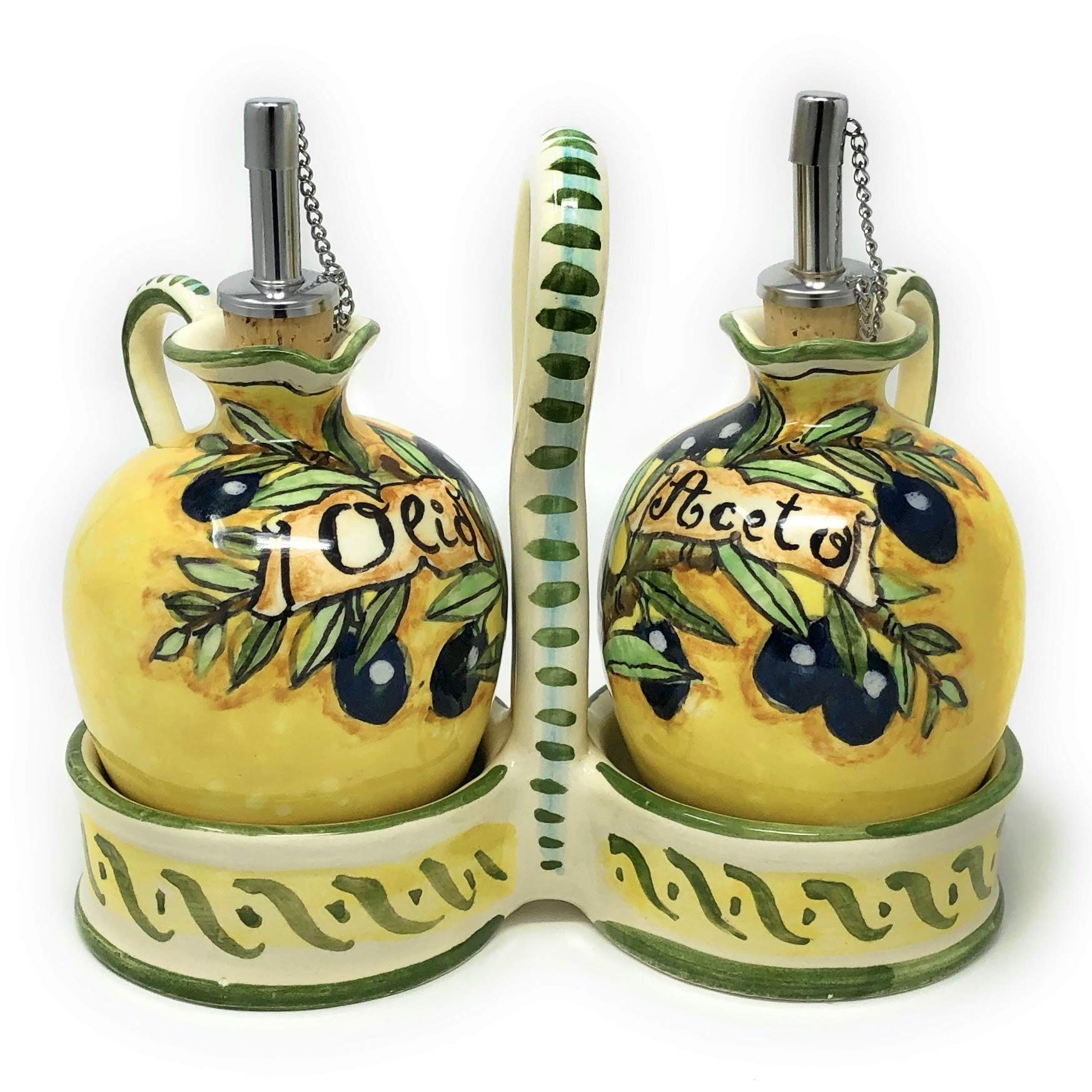 Hand-Painted Italian Ceramic Oil & Vinegar Cruet Set - Tuscan Art Pottery with Olive Design, Made in Italy | Perfect for Kitchen Decor, Dining Table Centerpiece, and Gourmet Cooking Gifts