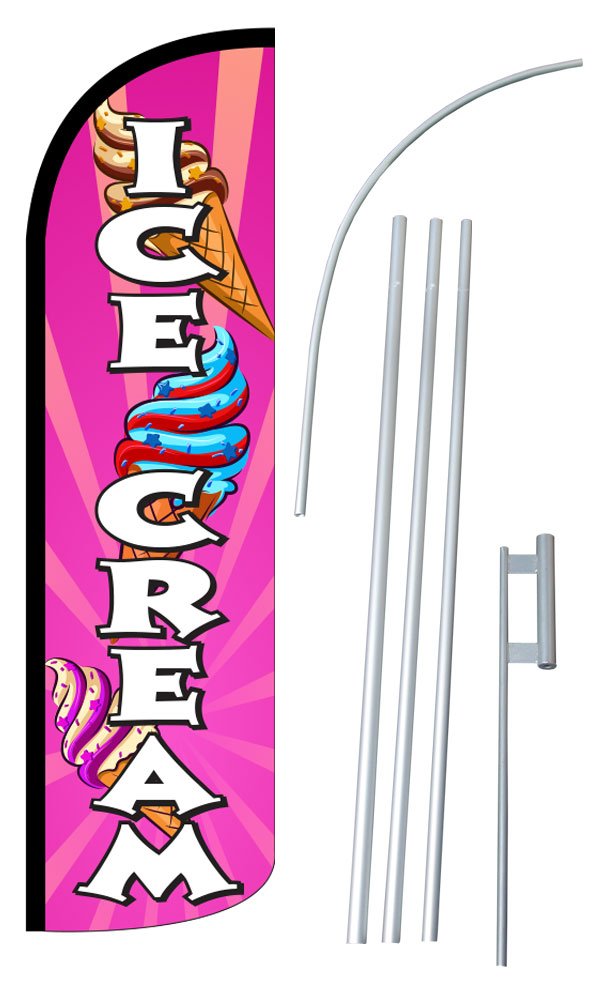 NEOPlex ICE Cream 12-Foot Super Swooper Feather Flag with Heavy-Duty 15-Foot Pole & Ground Spike - Perfect for Ice Cream Shops, Car Washes, and Outdoor Advertising