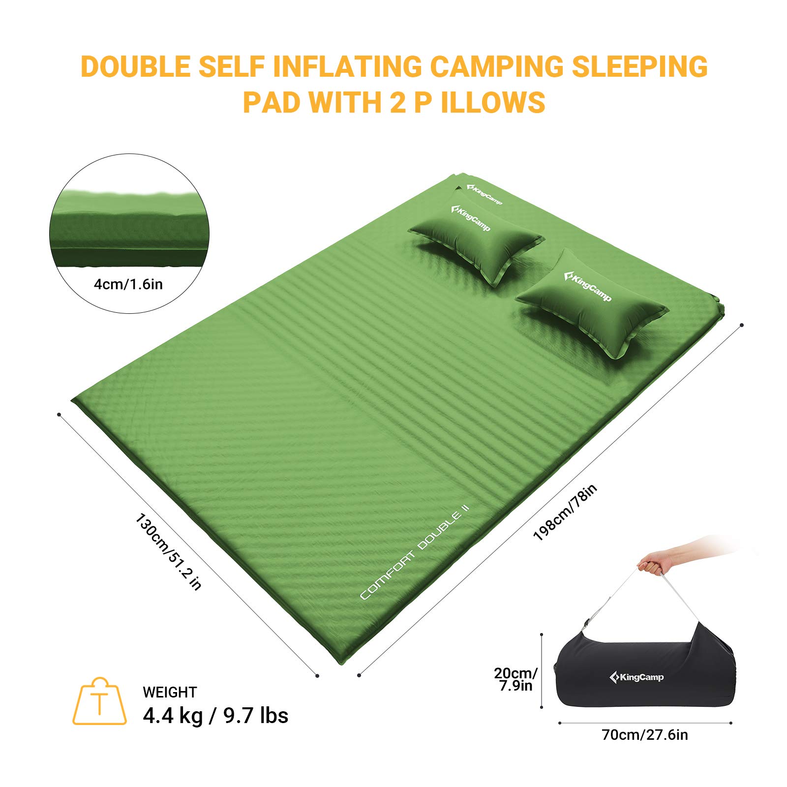 KingCamp Self-Inflating Double Sleeping Pad for Camping - 2 Travel Pillows Included - Foam Camping Mat for Hiking, Backpacking, Tent & Car Use - Perfect for Outdoor Adventures, Road Trips and Emergency Preparedness (Green)