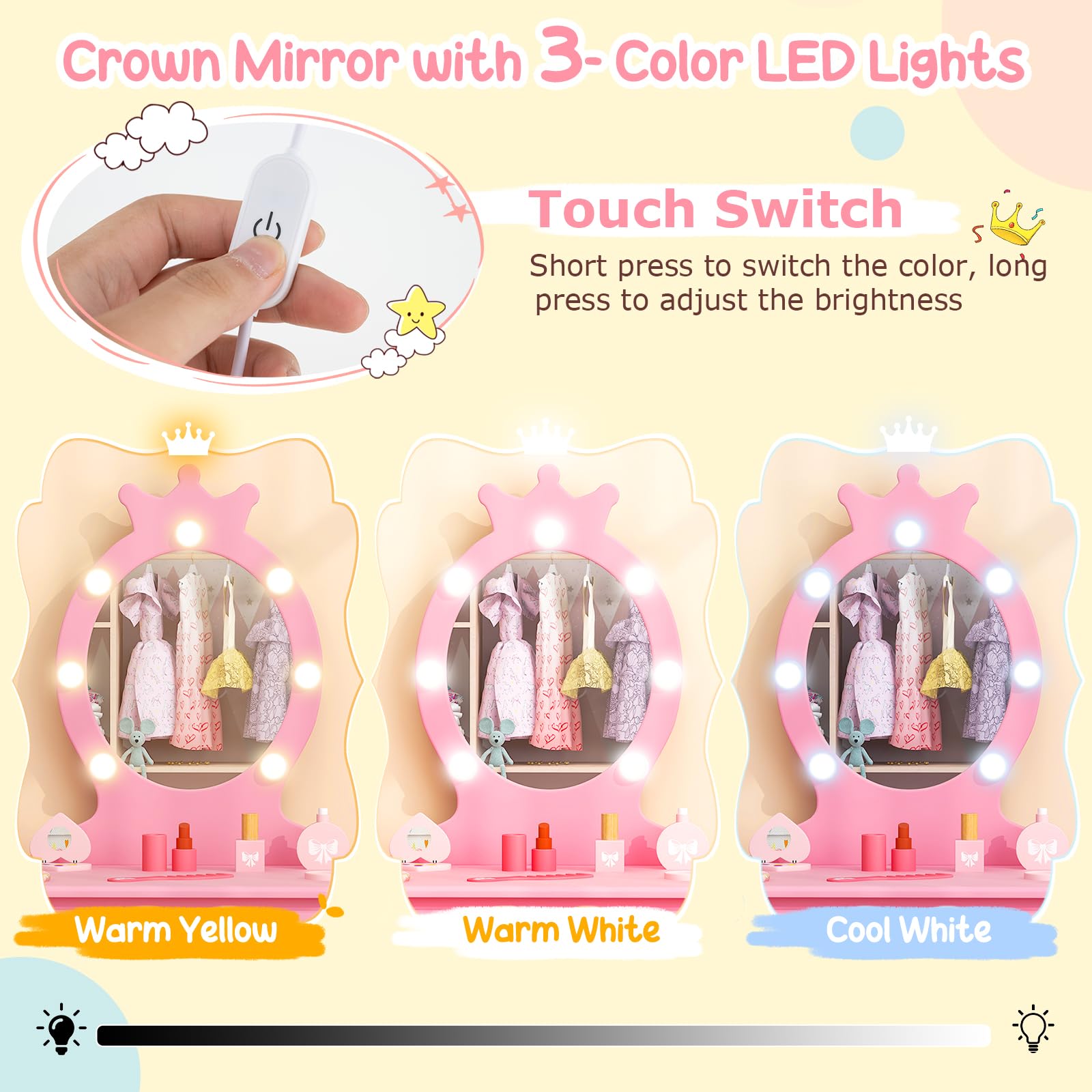 Costzon Kids Vanity Set with Mirror, Stool & LED Lights - 2-in-1 Wooden Makeup Dressing Table with Drawers for Girls - Pretend Play Vanity Desk & Chair Set (Pink) - Perfect for Birthday Gifts, Bedroom Decor & Role Play Activities