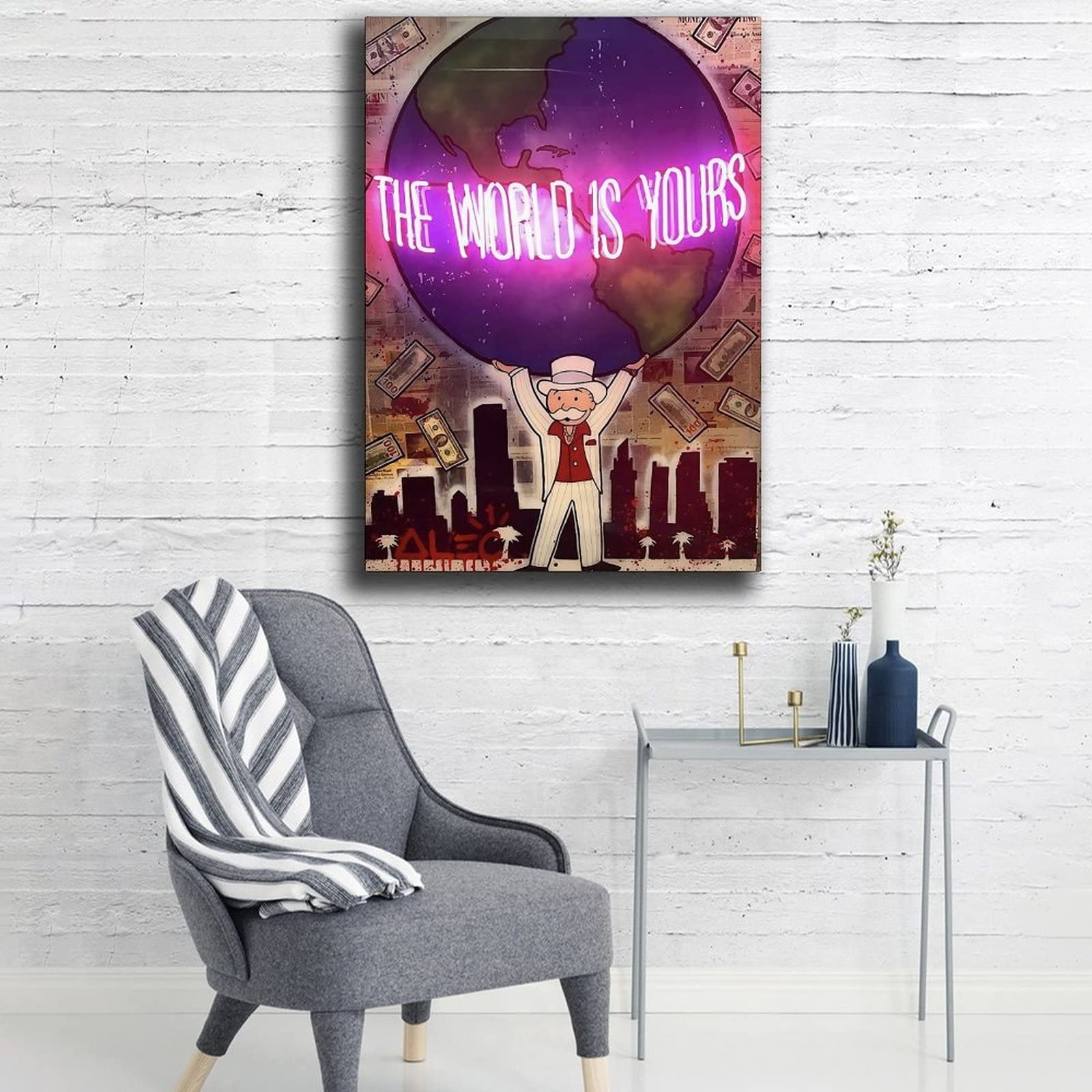 Premium Alec-Monopolys 'The World Is Yours' Canvas Wall Art - 12x18 Inch (30x45cm) Modern Home Decor for Living Room, Bedroom & Office - Perfect Gift for Travel Lovers & Inspirational Space Decor