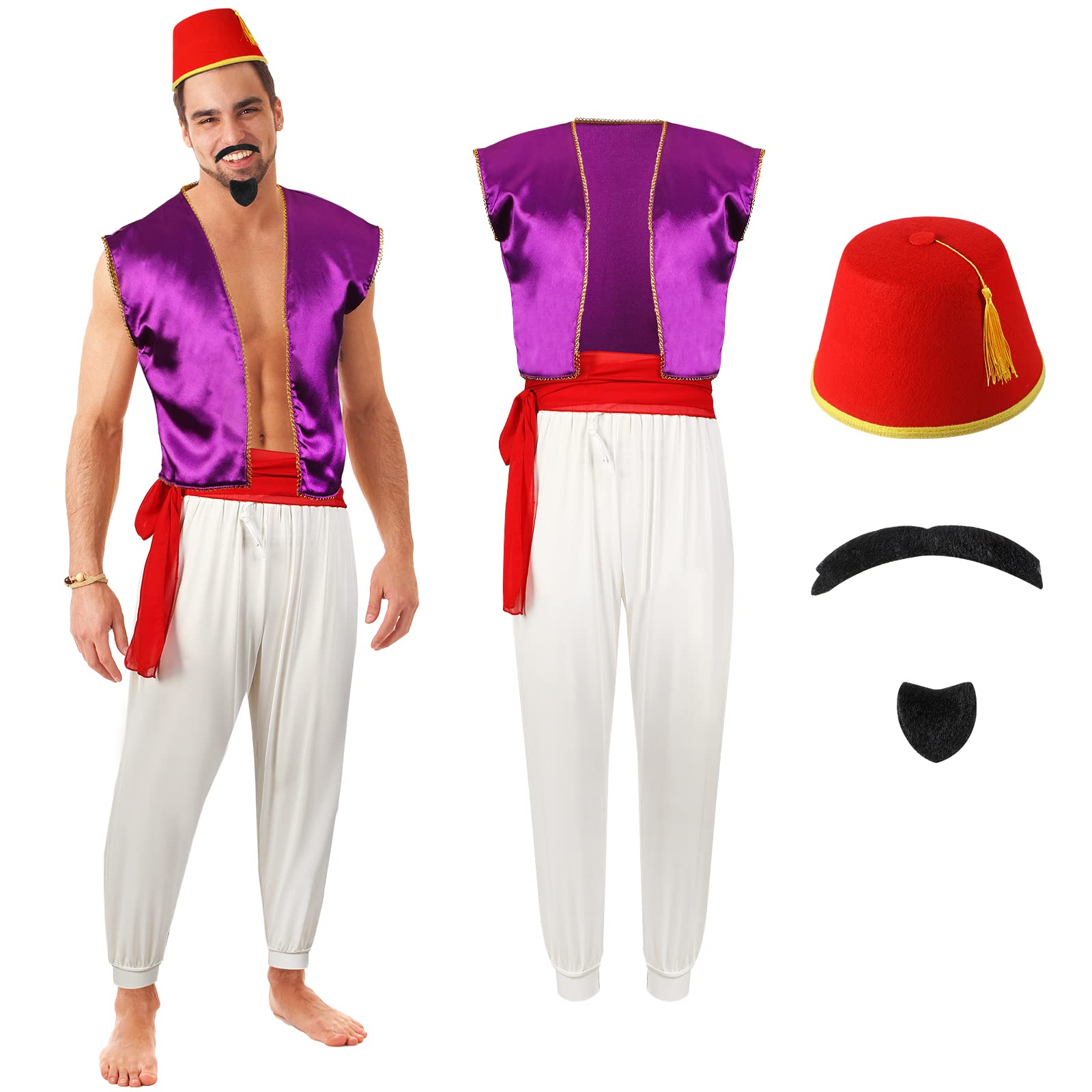 Zhanmai Arabian Prince Costume Set for Men - Purple Vest, Harem Pants, Red Fez Hat & Sash - Perfect for Cosplay, Halloween, and Theme Parties