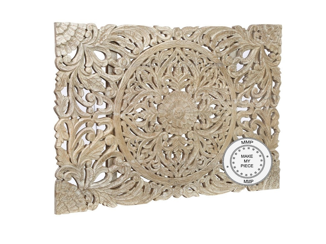 Hand Carved Indian Wooden Panel Bed Headboard - Whitewashed Finish for Boho & Farmhouse Bedroom Decor | Perfect for Master Bedroom, Guest Room & Airbnb Styling