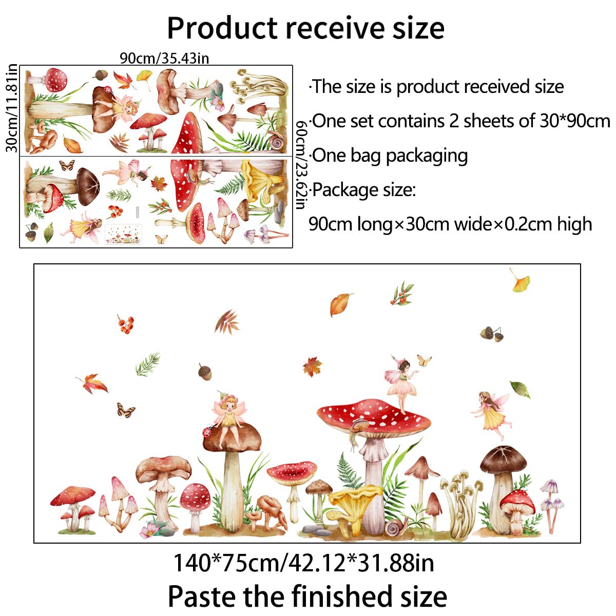 Fairy Forest Mushroom Wall Decals - Woodland Nursery Stickers for Girls Bedroom, Living Room & Kitchen - Fall Leaves & Nature-Themed Room Decor - Perfect for Kids Rooms, Playrooms & Home Interior Design