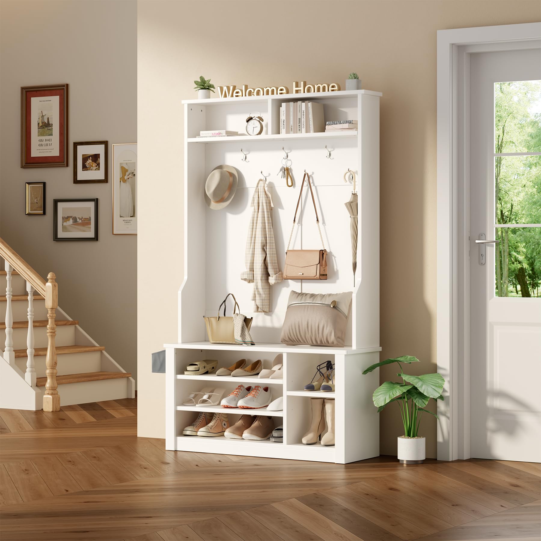 Aiho 3-in-1 Entryway Hall Tree with Bench, Coat Rack & Adjustable Shoe Storage | 2-Tier Top Shelf | White | Perfect for Organizing Entryways, Hallways & Mudrooms | Space-Saving Home Decor Solution