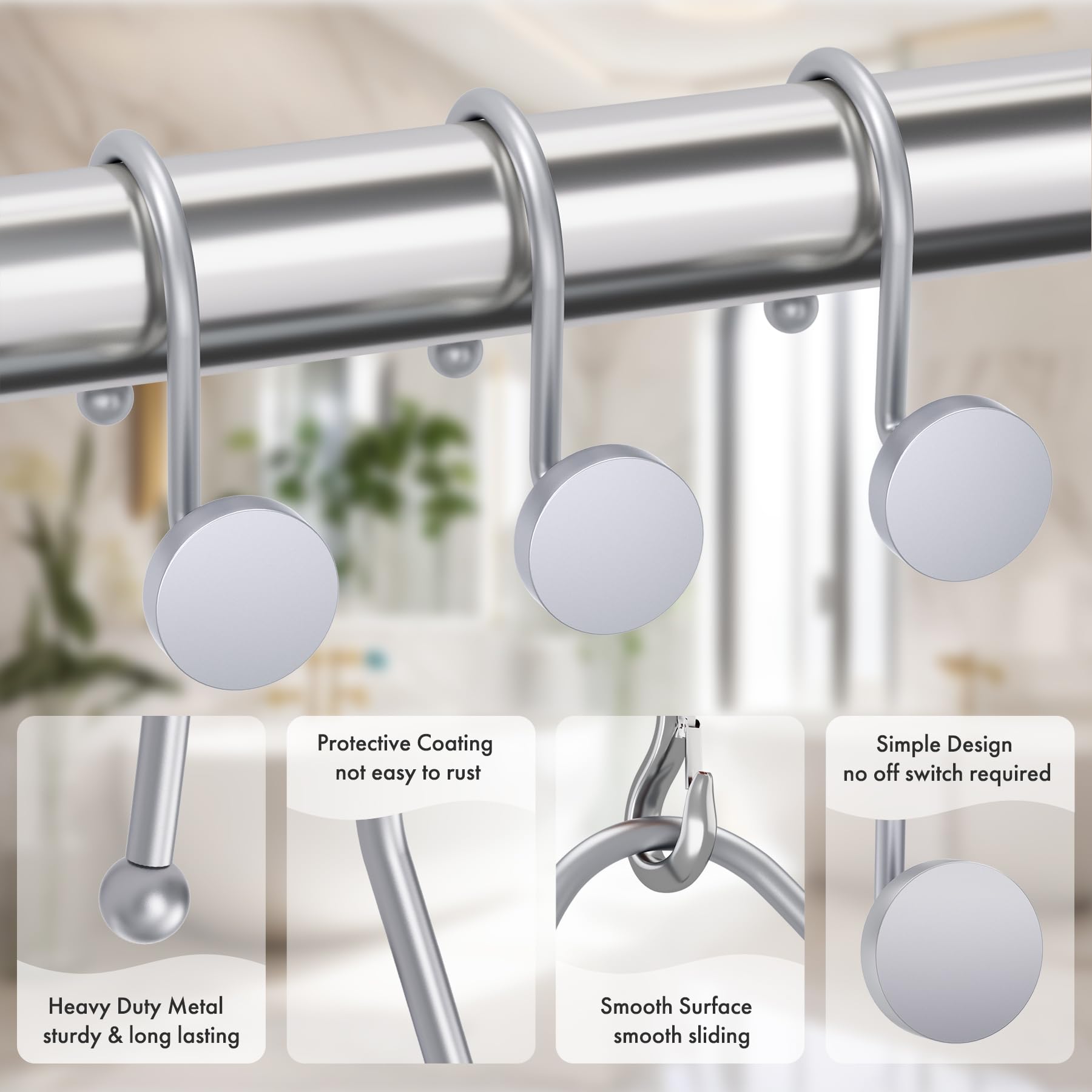 Premium Silver Shower Curtain Hooks - 12PCS Heavy Duty Rust-Proof Metal Rings for Bathroom Decor, Modern Shower Rod Hooks for Liners & Curtains - Perfect for Bathroom, Hotel, and Spa Renovations