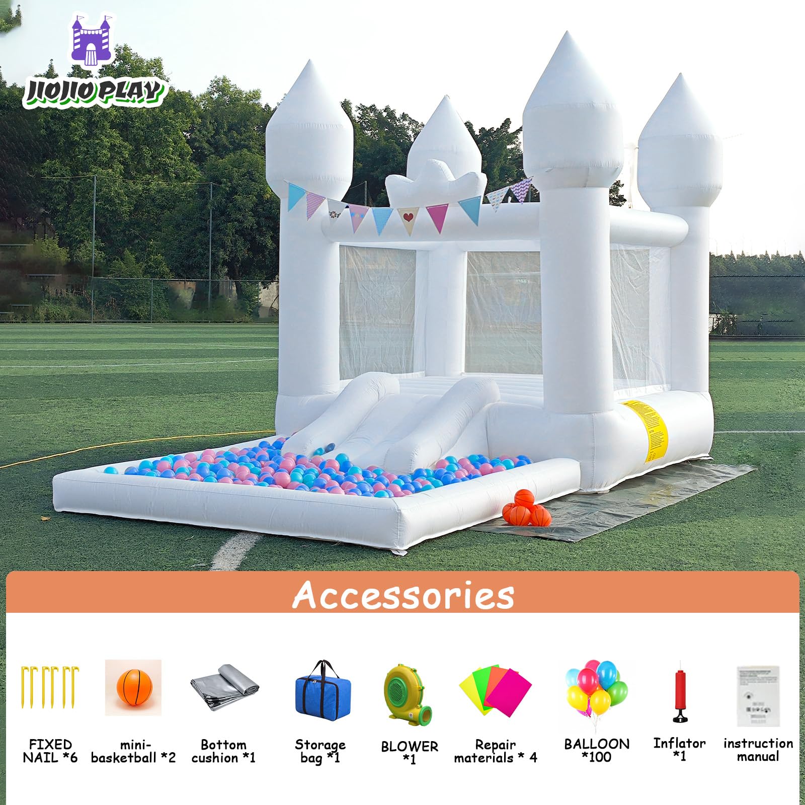 12.5FT Inflatable White Bounce House with Slide - Large Bouncy Castle for Kids & Adults | Outdoor Birthday Party, Wedding Decorations | Includes Blower (Great for Backyard, Park, and Carnival Events)