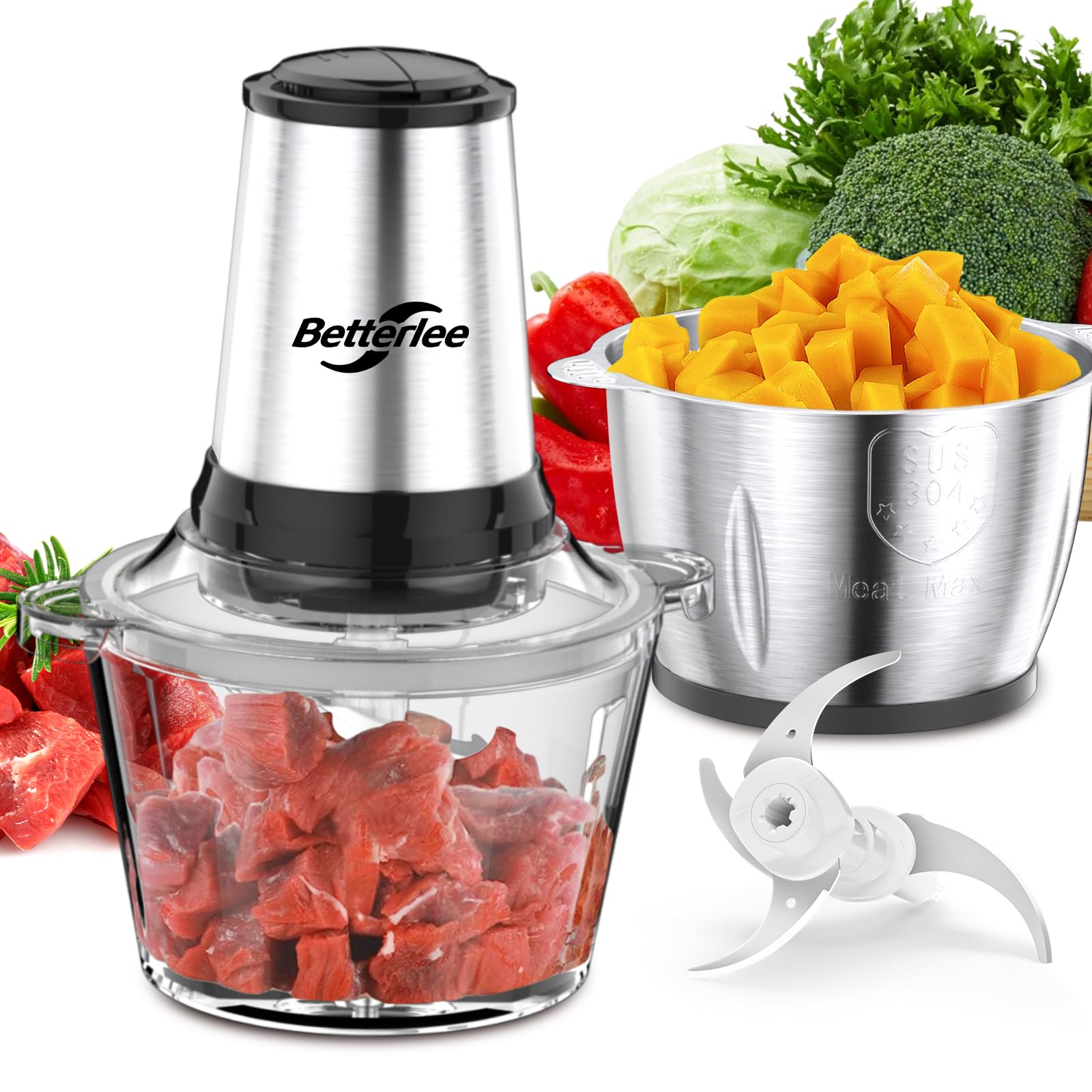 Betterlee Electric Food Processor & Meat Grinder - 2-Speed Chopper with 2x8-Cup Bowls & Bi-Level Blade - Perfect for Meats, Garlic, Onions & Baby Food - Ideal for Meal Prep, Homemade Sausages & Healthy Cooking