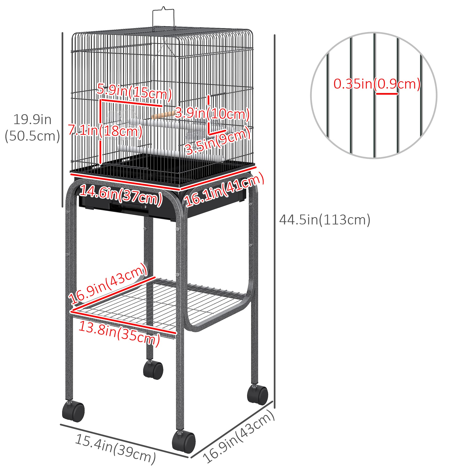 Pawhut 45-inch Black Metal Indoor Bird Cage - Large Parrot Cage with Detachable Rolling Stand, Storage Basket & Accessories | Perfect for Cockatiels, Parakeets & Small Birds - Home & Aviary Use