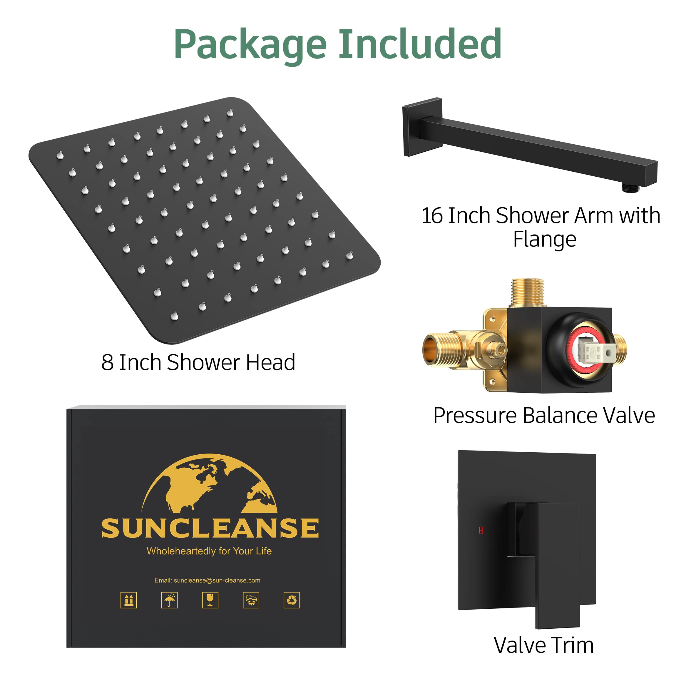 SunCleanse Matte Black Shower Faucet Set with Valve - 8 Inch Square Rainfall Shower Head & Single Handle Trim Kit | Includes Extra Long Shower Arm | Perfect for Modern Bathroom Renovations & Spa-Like Shower Experience