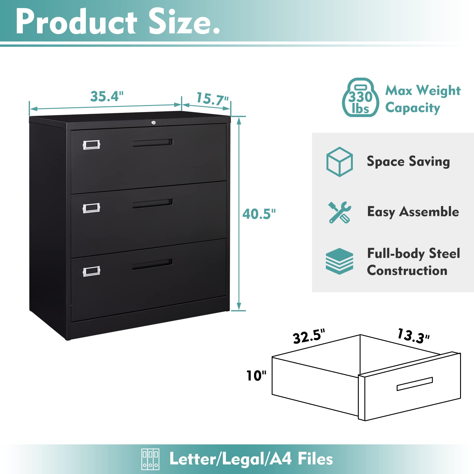 MIIIKO 3-Drawer Lateral File Cabinet - Locking Metal Filing Cabinet for Home Office, Large Storage Organizer for Hanging File Folders, Easy Assembly - Perfect for Document Storage & Office Organization