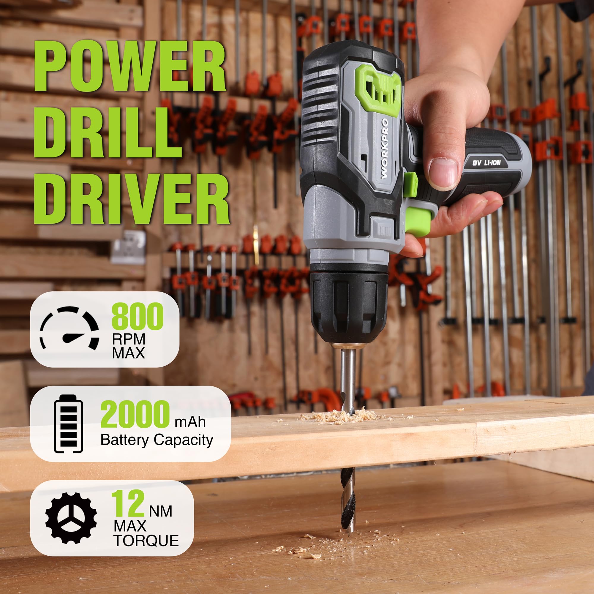 WORKPRO 8V Cordless Drill Driver Kit with Stackable Tool Box, 2.0Ah Battery & 3/8