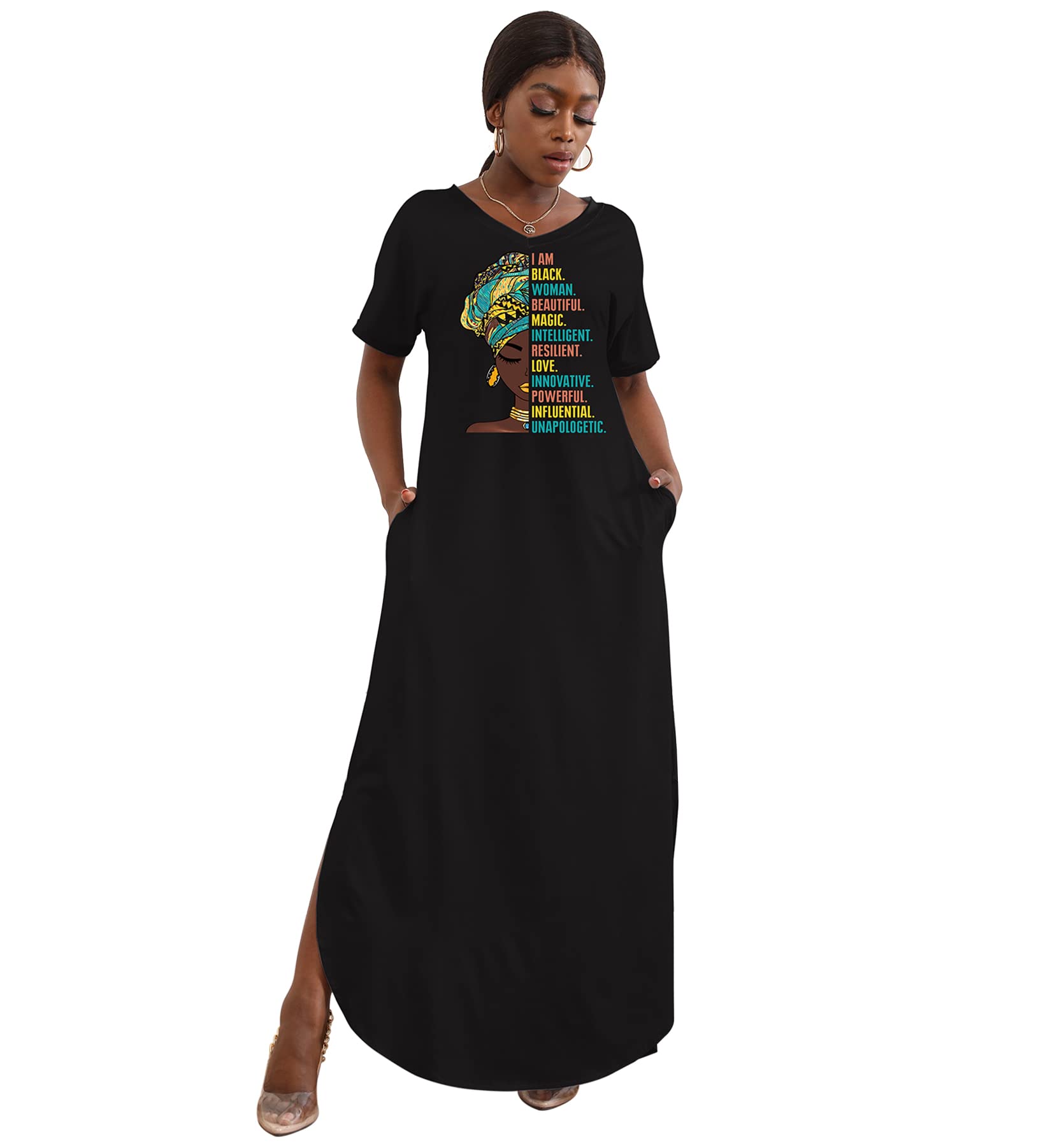 FZNHQL Black Women's Short Sleeve V-Neck Maxi Dress - African Melanin Girl Print Floral Long Dress for Casual Wear | Perfect for Summer Outings, Beach Vacations & Cultural Events