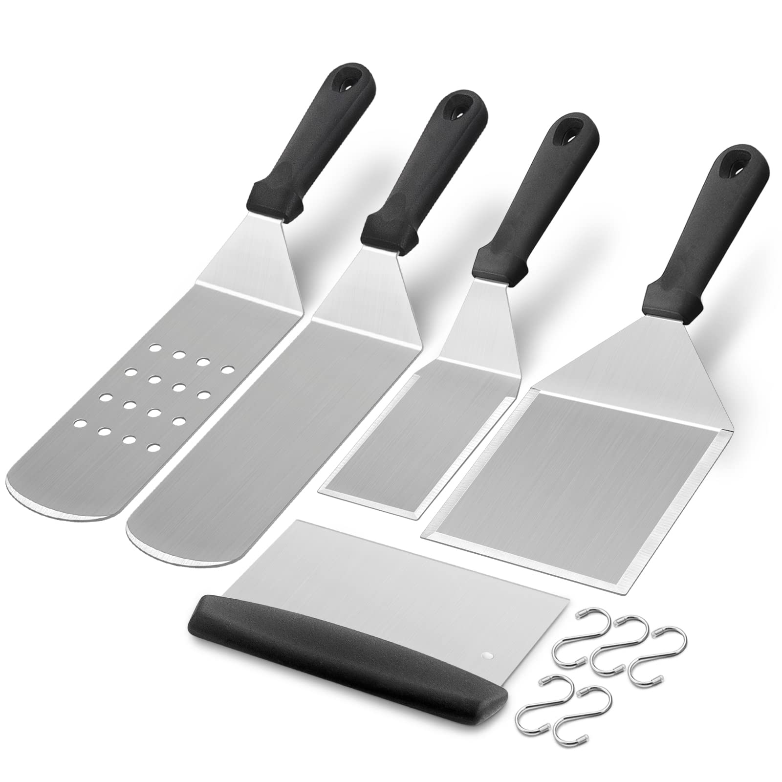 HaSteeL 5-Piece Heavy Duty Stainless Steel Griddle Accessories Kit - Professional Flat Top Grill Tools Set with Spatula, Pancake Flipper, Burger Turner & Scraper for BBQ, Cast Iron Cooking & Outdoor Grilling - Perfect for Backyard Parties, Camping & Restaurant Use
