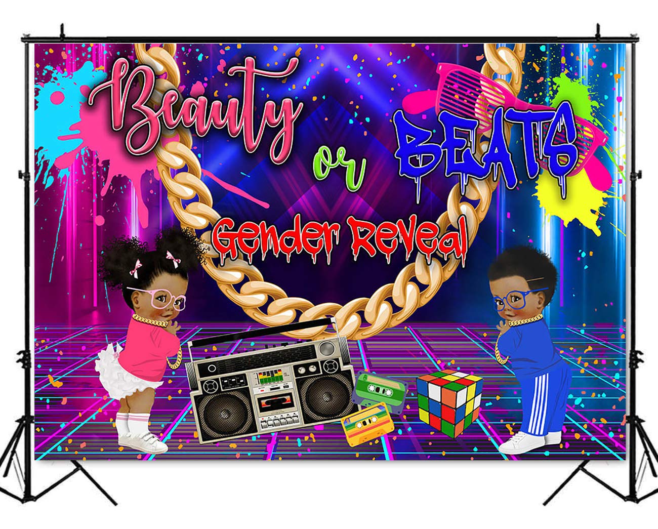 Retro Neon Disco Radio Gender Reveal Backdrop - 7x5ft (82x60 inch) Hip Hop Themed Baby Shower Decor for Boy or Girl Party - Perfect for Gender Reveal Events, Baby Showers, and Themed Birthday Parties