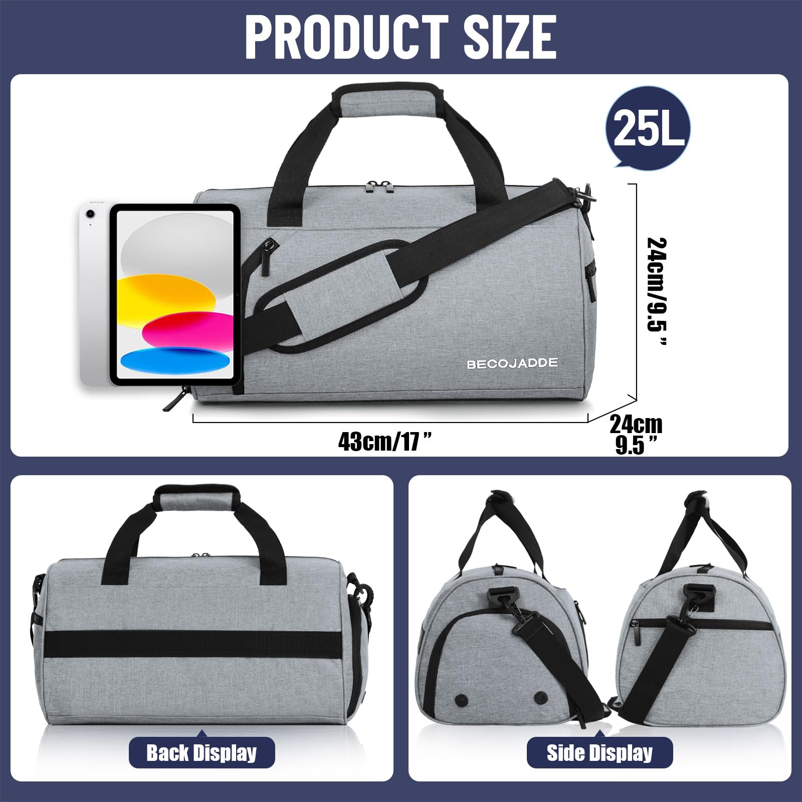 **Men's & Women's 25L Gym Bag with Shoe & Wet Compartment - Durable Sports Duffle Bag for Travel, Swimming, Fitness & Workout - Adjustable Shoulder Strap - Light Grey - Perfect for Gym, Travel & Sports Enthusiasts**