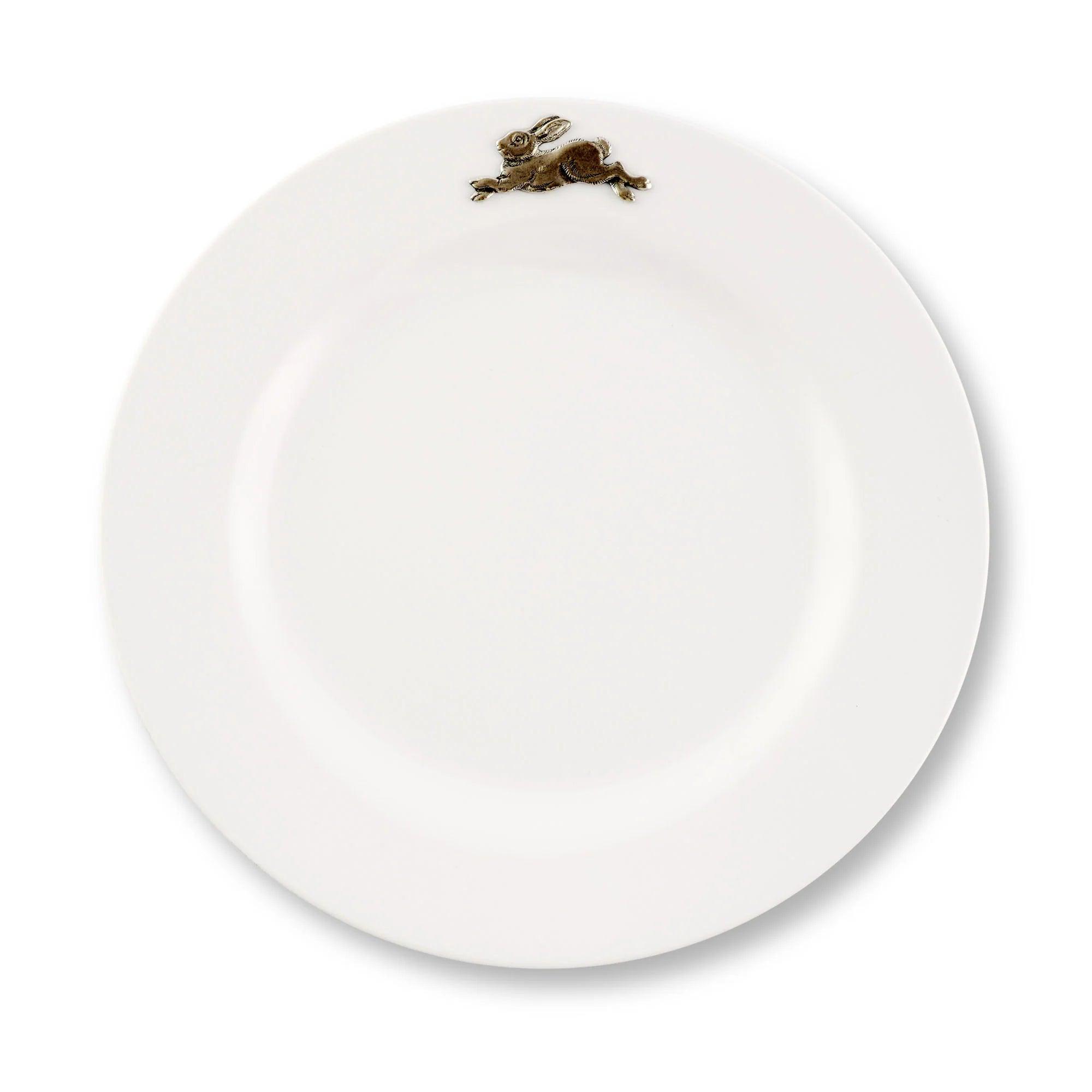 Premium White Melamine Dinner Plates Set of 10 with Elegant Pewter Rabbit Design - Perfect for Easter, Wedding, and Holiday Table Settings