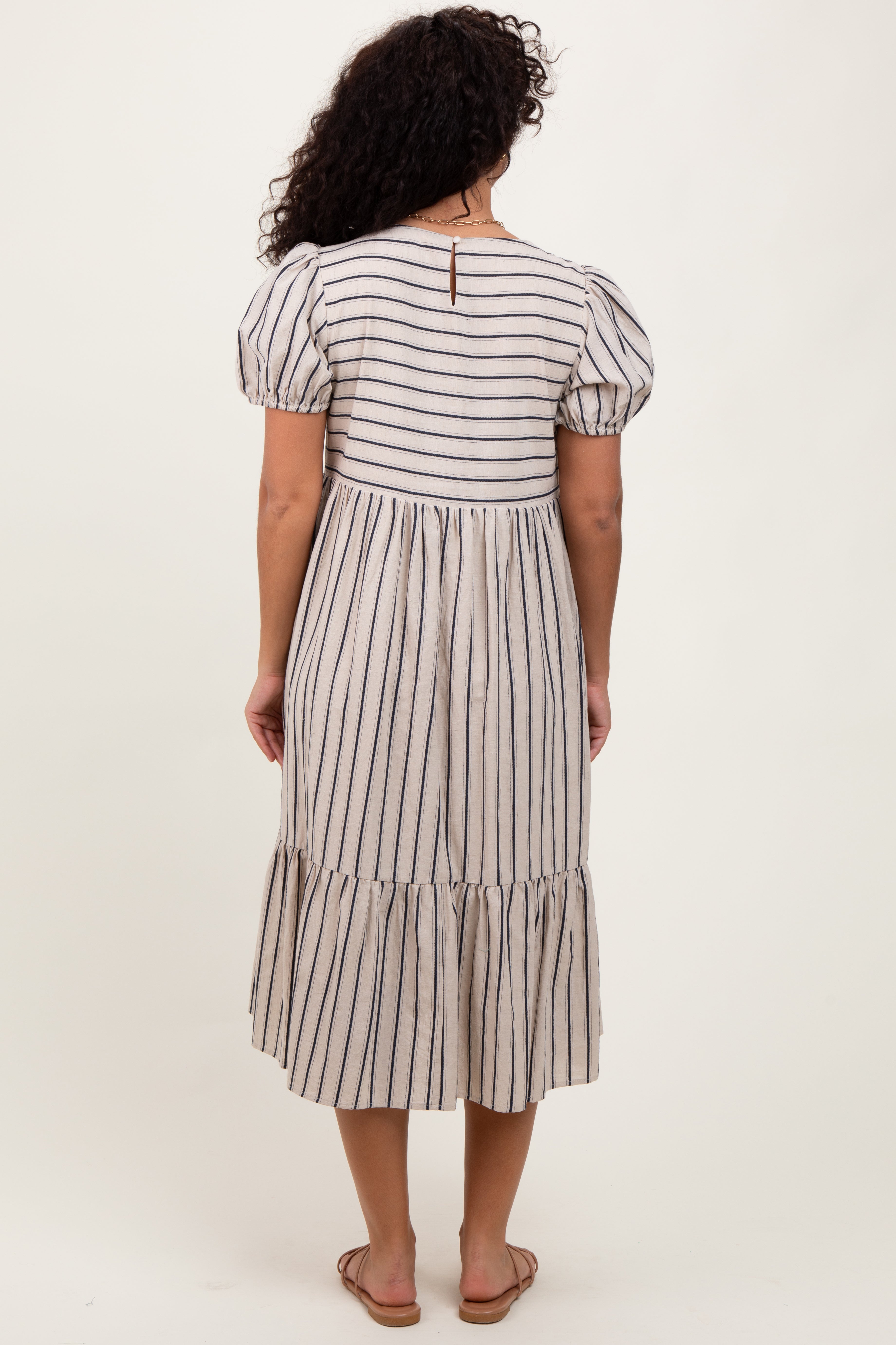 Beige Striped Short Sleeve Midi Dress for Women - Summer Casual Flowy Beach Dress for Vacation, Party & Everyday Wear