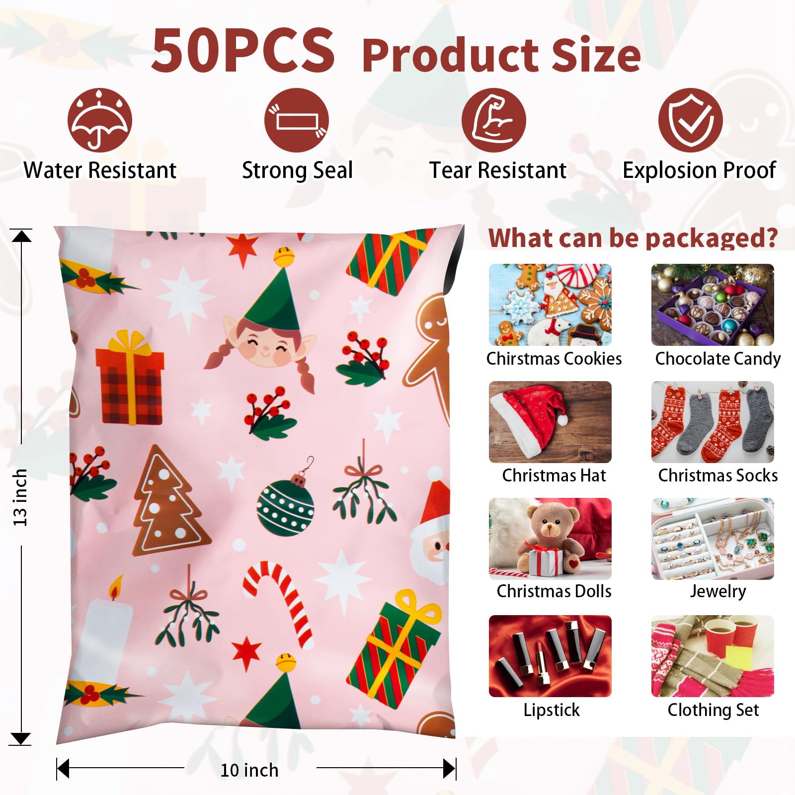 50 Pack Christmas Poly Mailers 10x13 Inch - Holiday Shipping Bags for Ecommerce, Mailing Envelopes, Gift Packaging - Perfect for Online Stores, Small Businesses & Seasonal Shipping