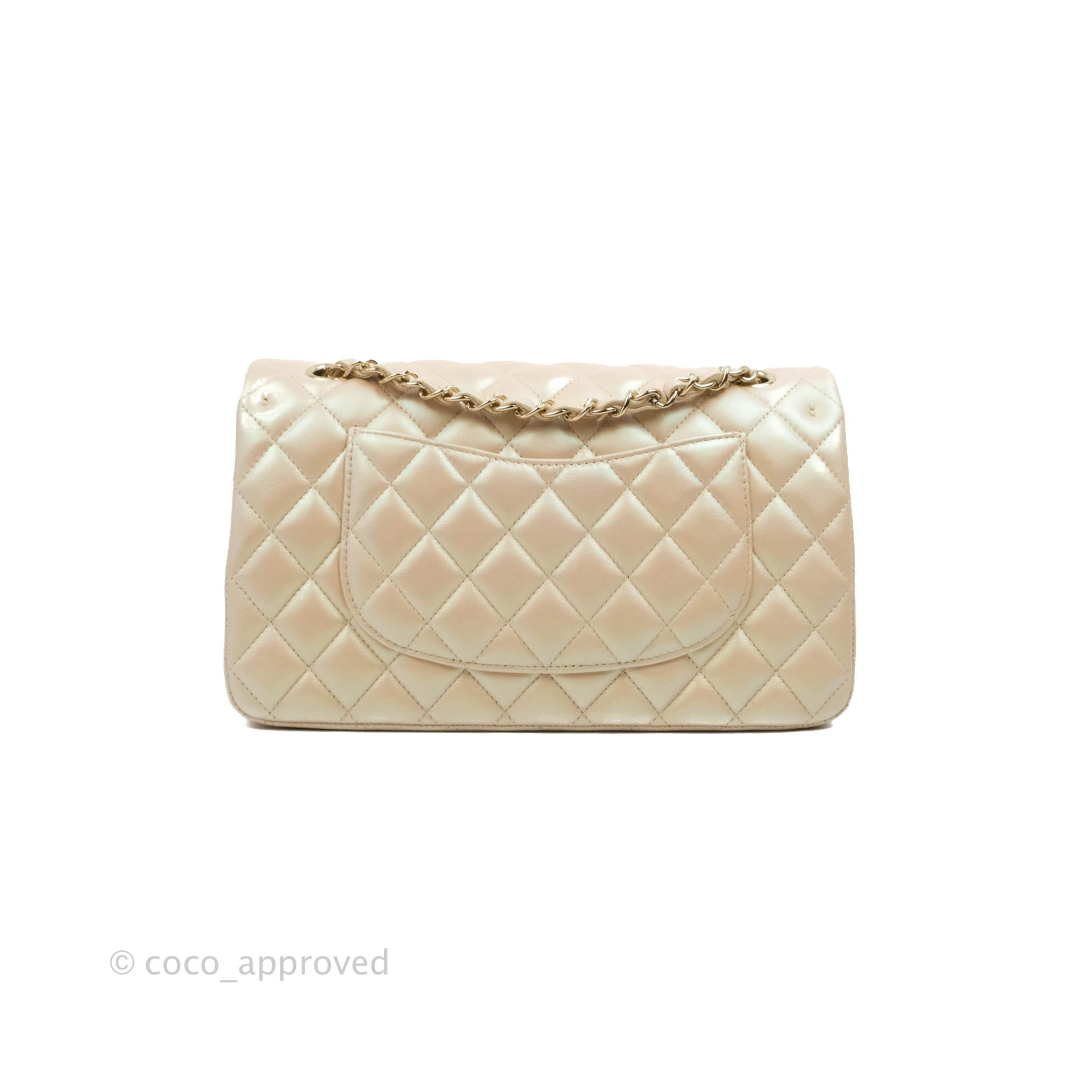 Chanel Classic Medium Double Flap Bag Iridescent Beige Calfskin Leather with Gold Hardware 21S Collection - Perfect for Luxury Everyday Use & Special Occasions