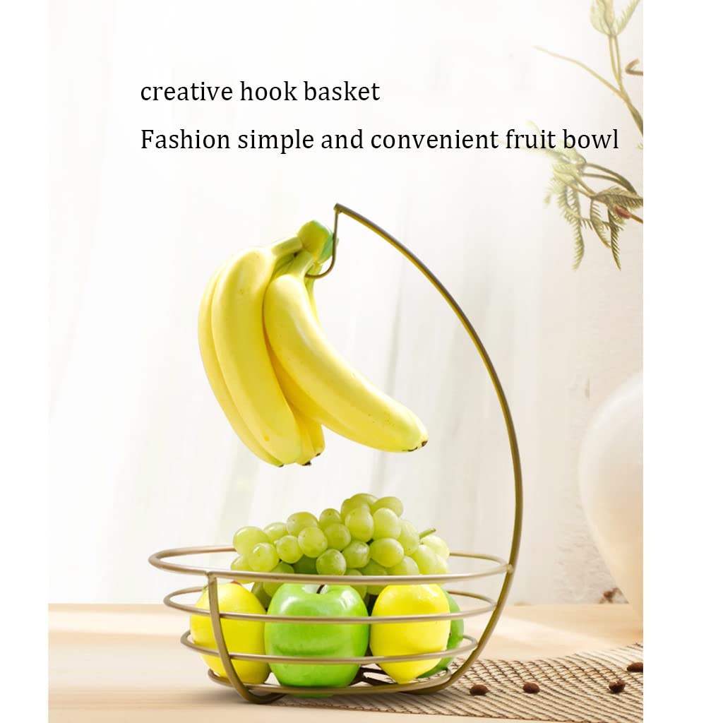 Large Double Layer Wrought Iron Fruit Basket with Banana Hanger - High Capacity Drainable Fruit Bowl for Kitchen, Living Room | Perfect for Organizing Snacks, Displaying Fruits & Home Decor