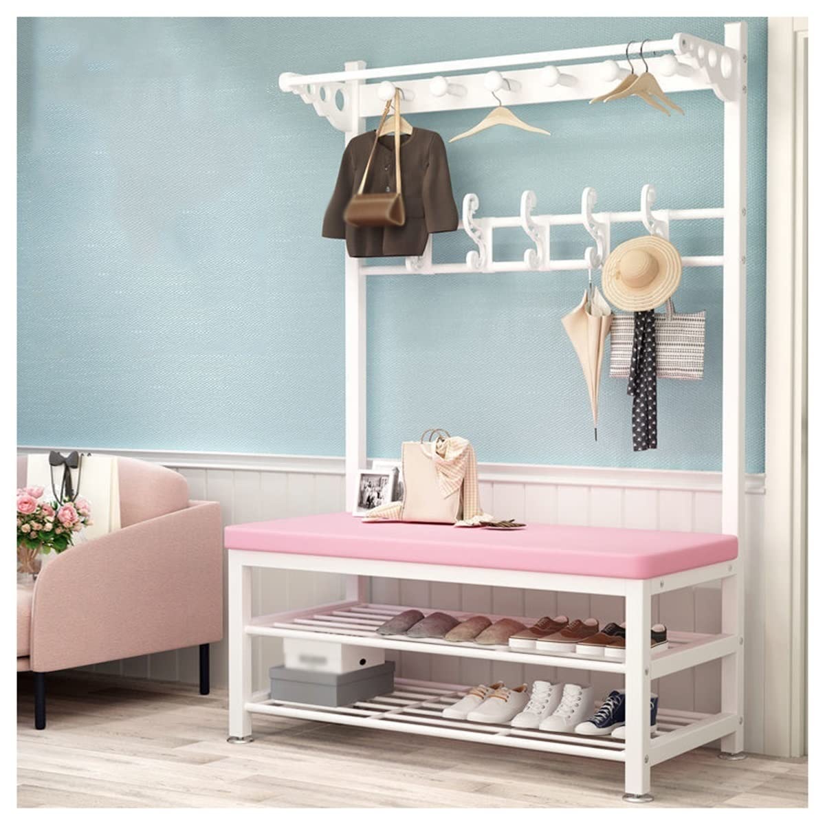 3-in-1 Entryway Coat Rack with Shoe Bench & Seat Cushion - Hall Tree Storage Organizer for Mudroom, Hallway & Foyer - 100x33x172cm Pink Space-Saving Furniture - Perfect for Small Apartments & Home Entry Organization - Easy Assembly with Hooks & Hanging Rod